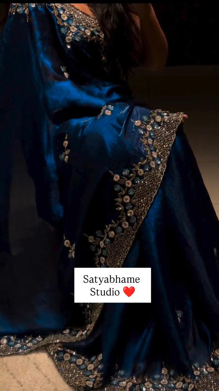 Peacock Blue Fendy Silk Designer Zardozi work Saree ✨