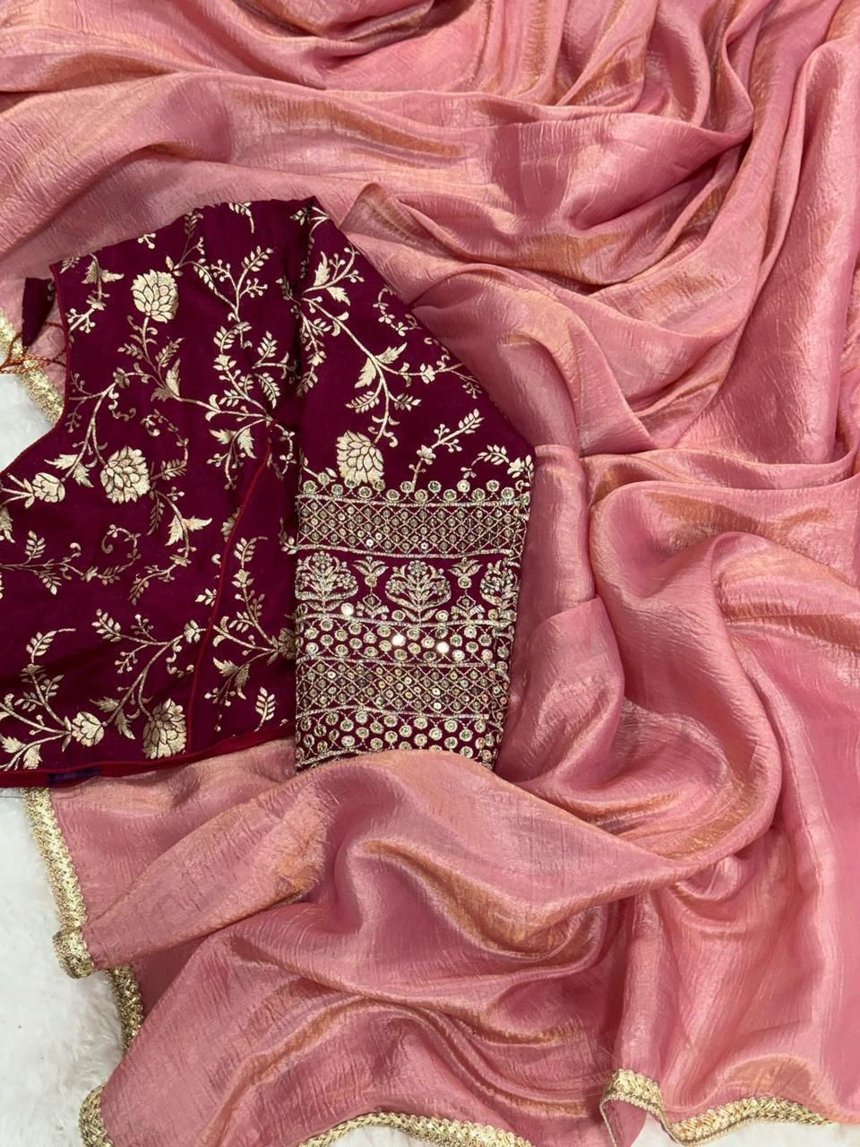 Gold Crush Tissue Saree with Raw Silk weaving Embroidery work
