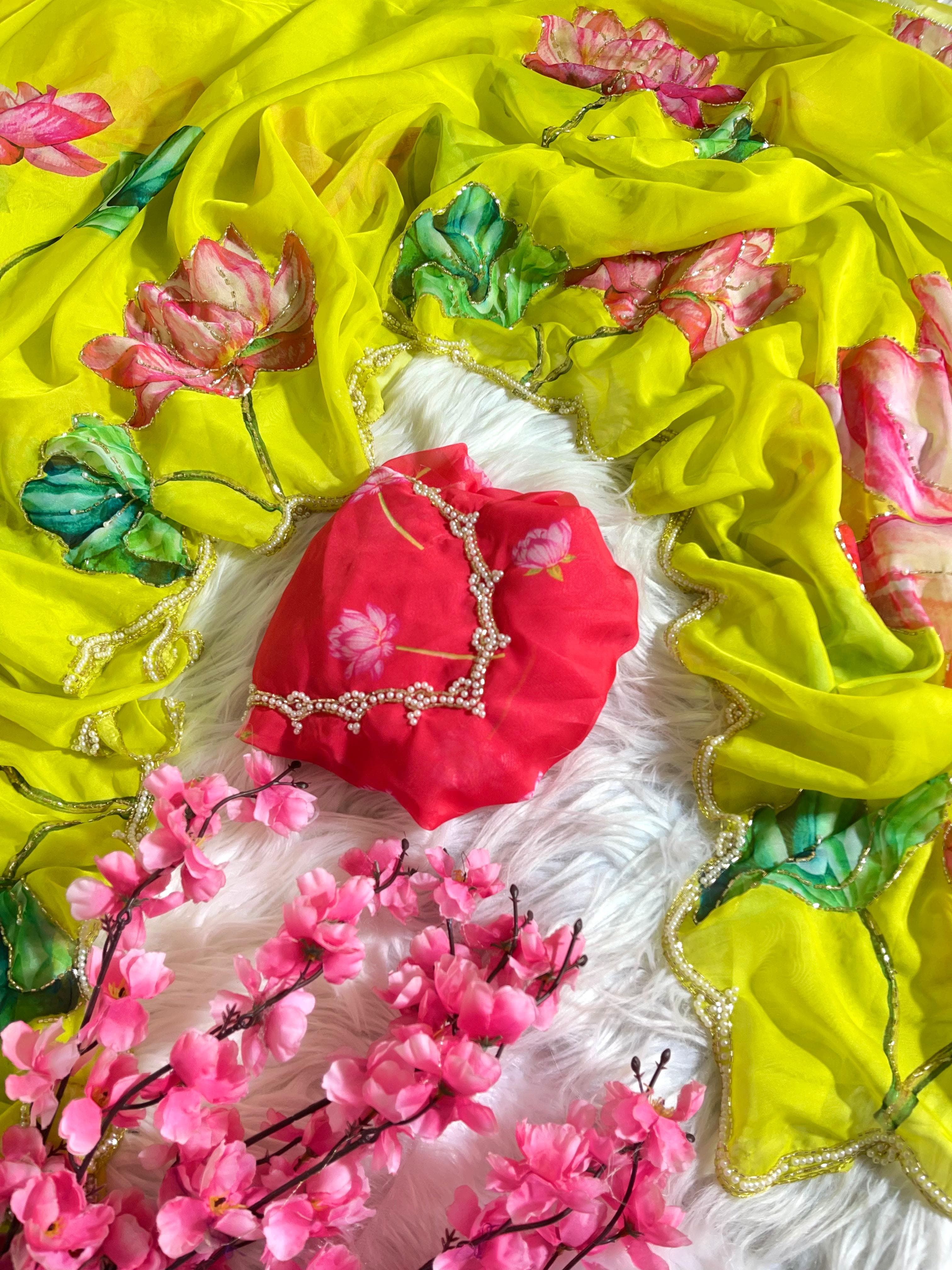 Organza Floral Handprint Sarees