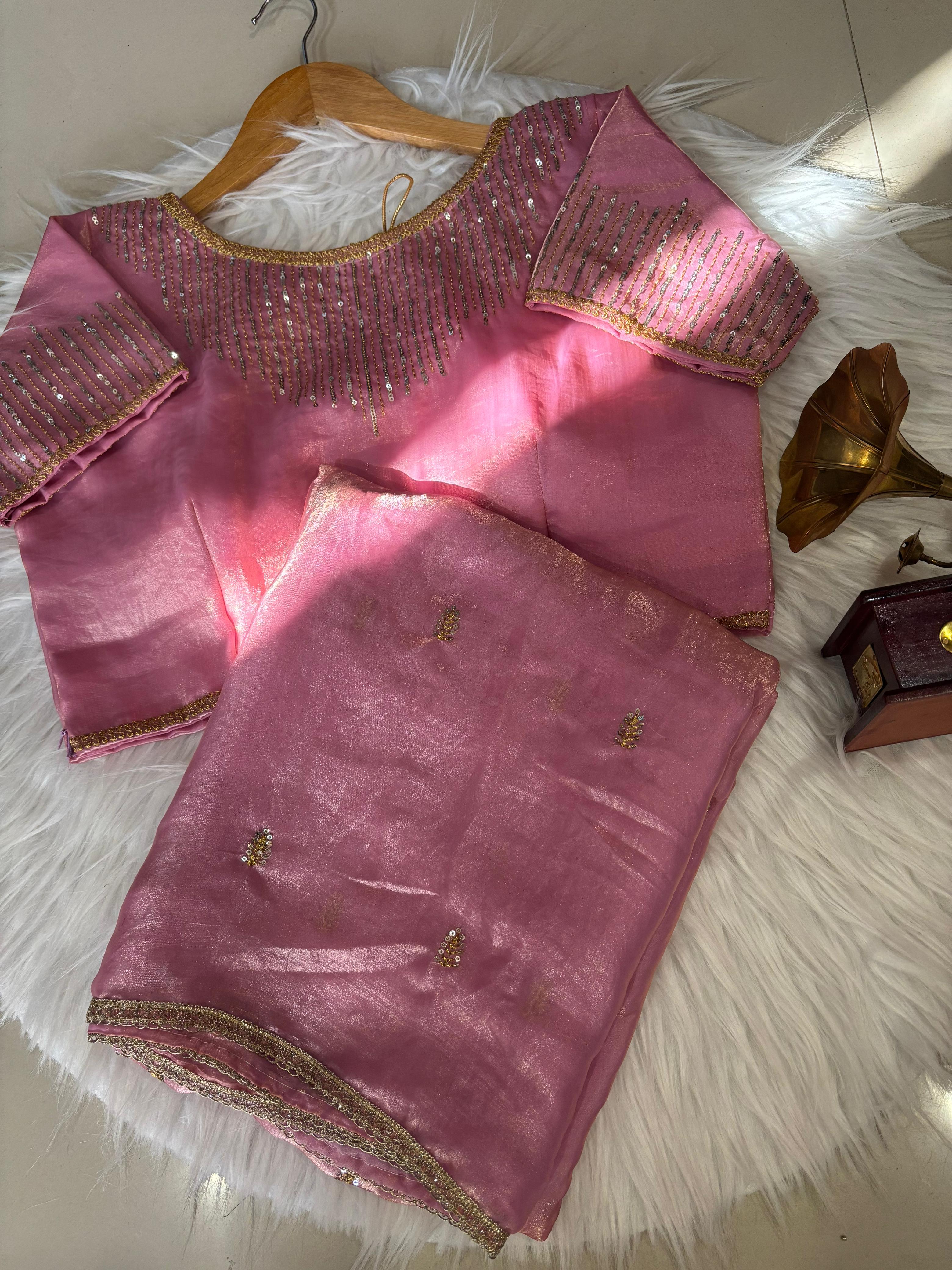 Golden soft Crush saree with work blouse