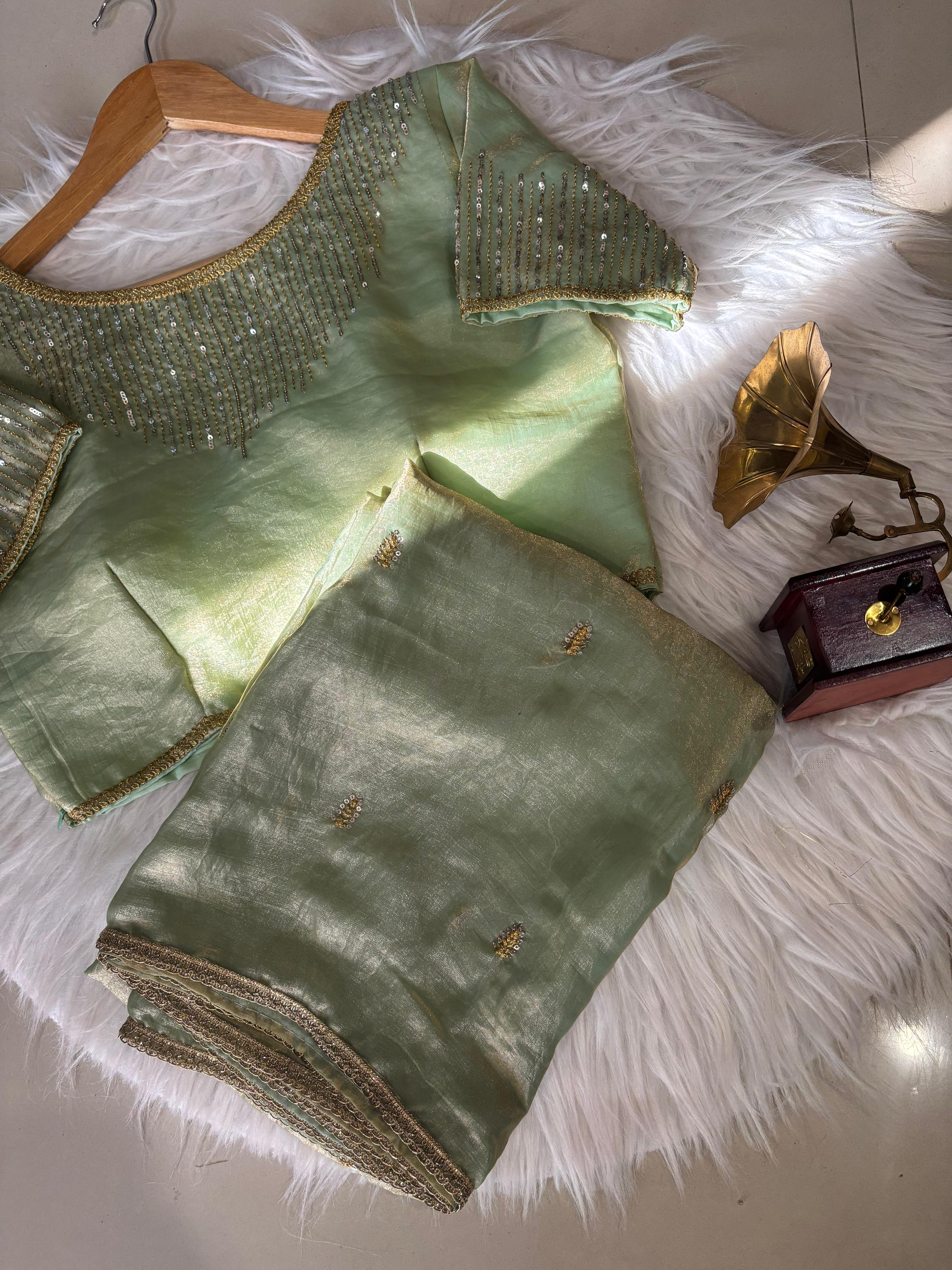 Golden soft Crush saree with work blouse