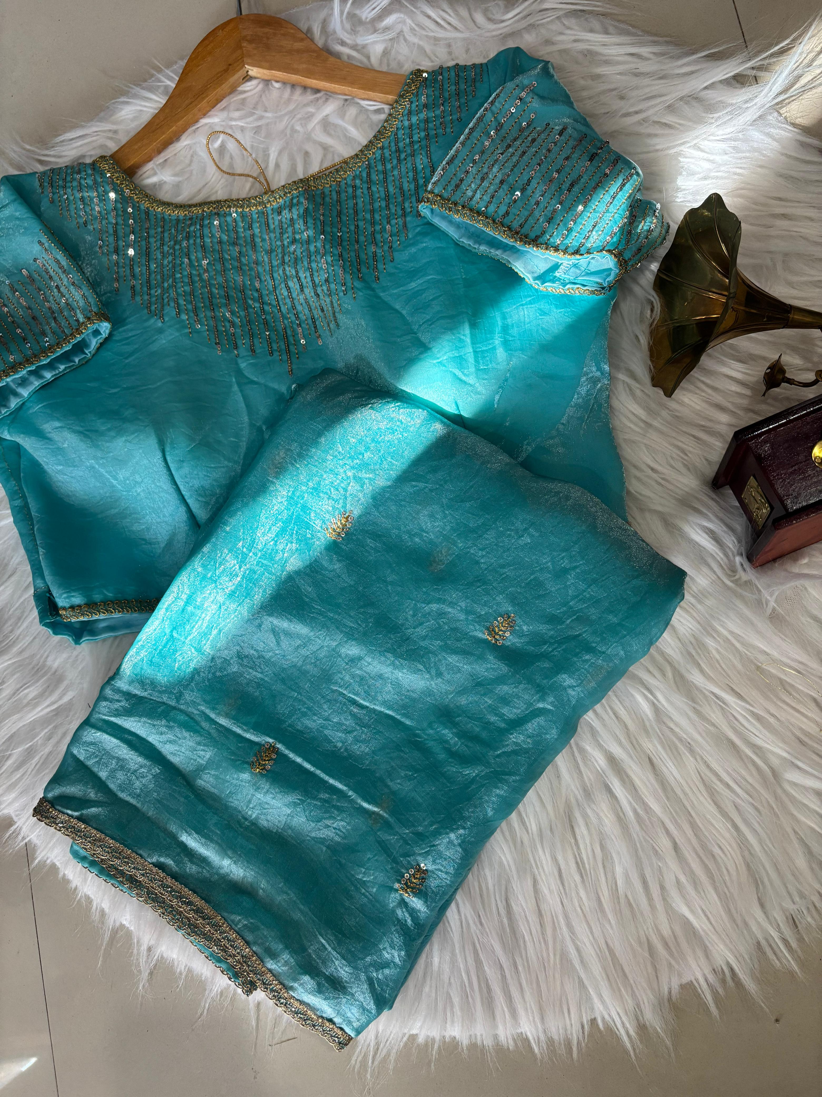 Golden soft Crush saree with work blouse
