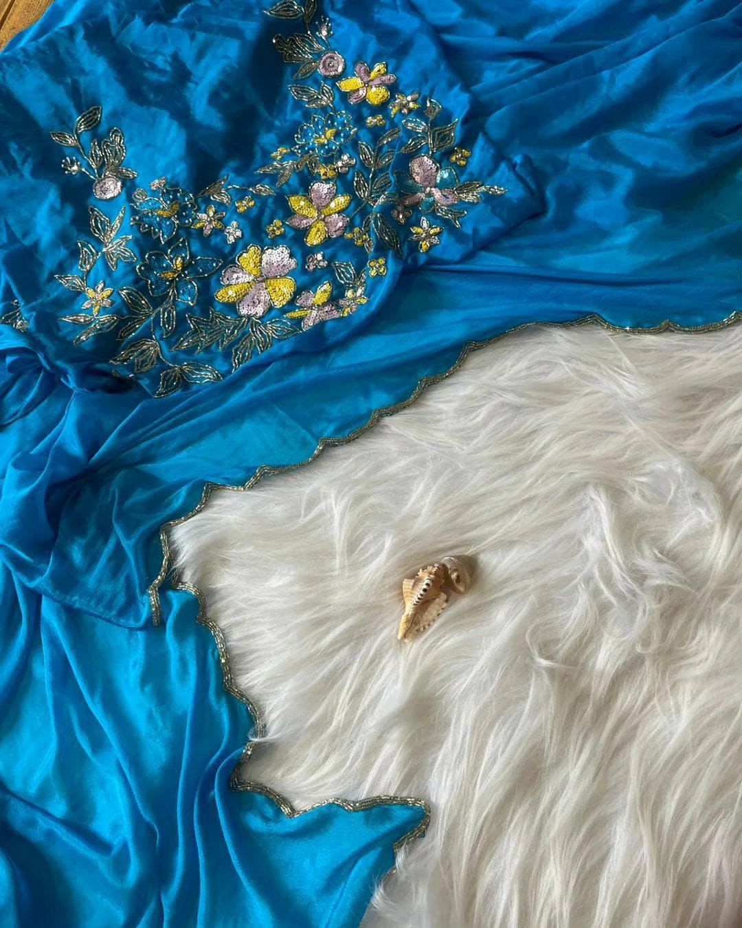 Pure Soft Chinon Silk Fabric with Heavy Khatli work Border.