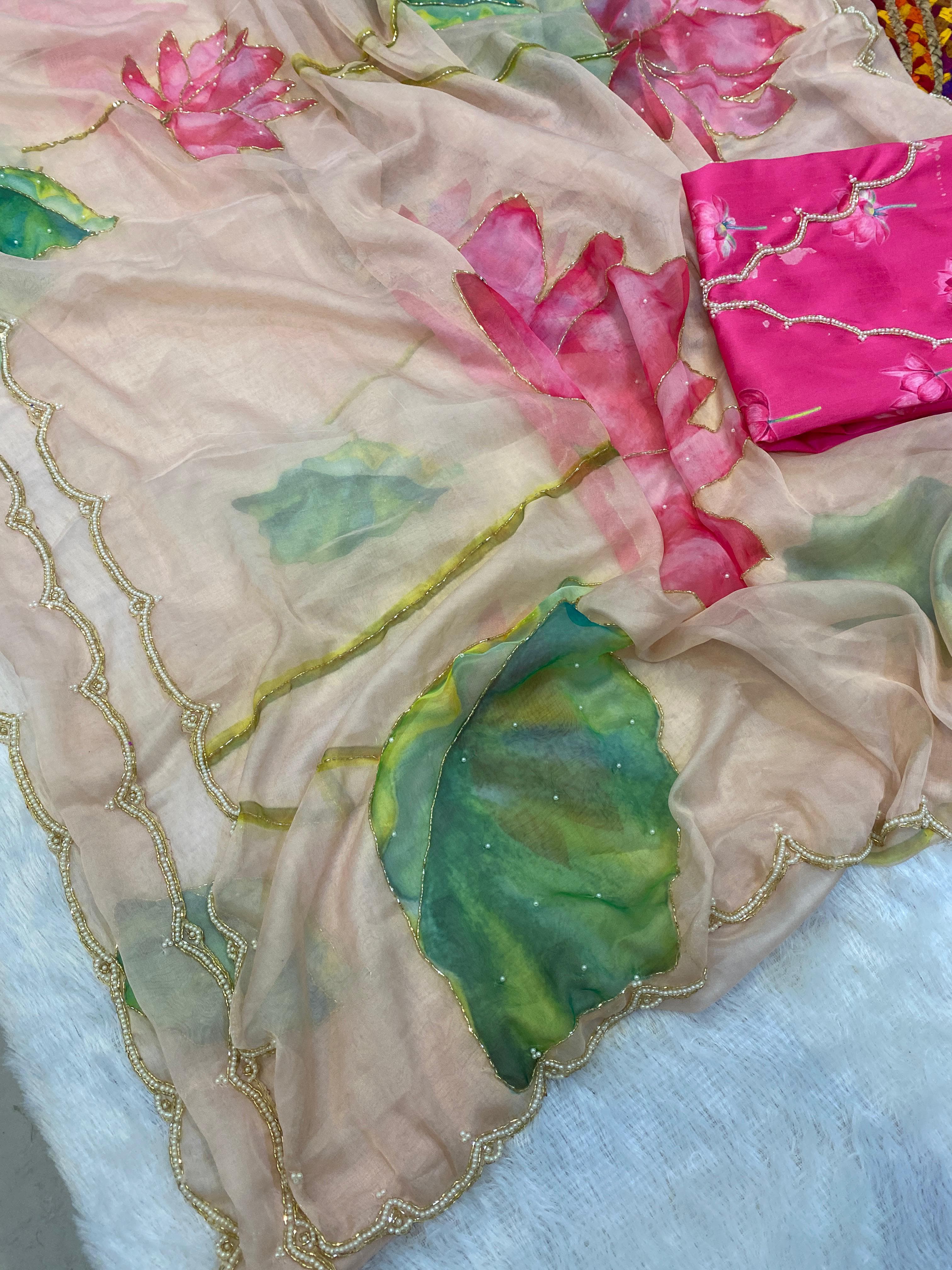 Organza Floral Handprint Sarees