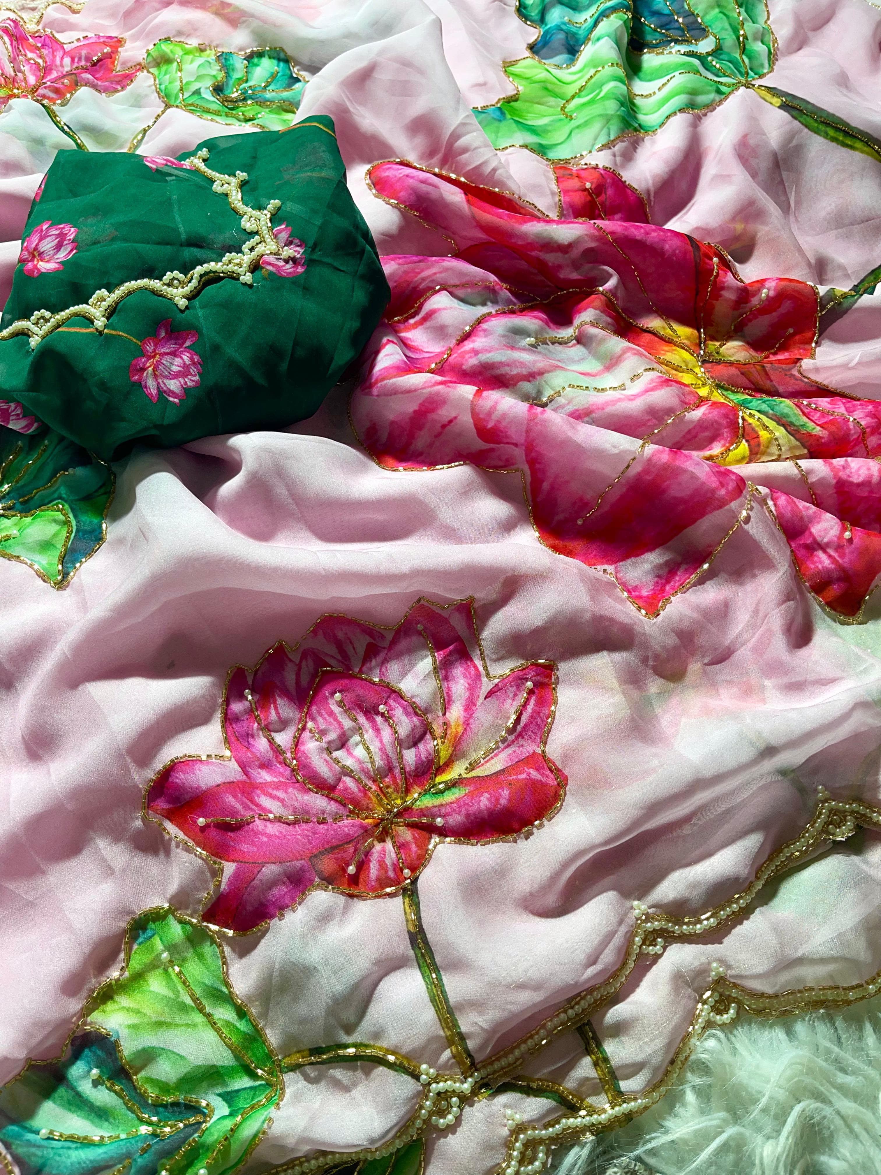 Organza Floral Handprint Sarees