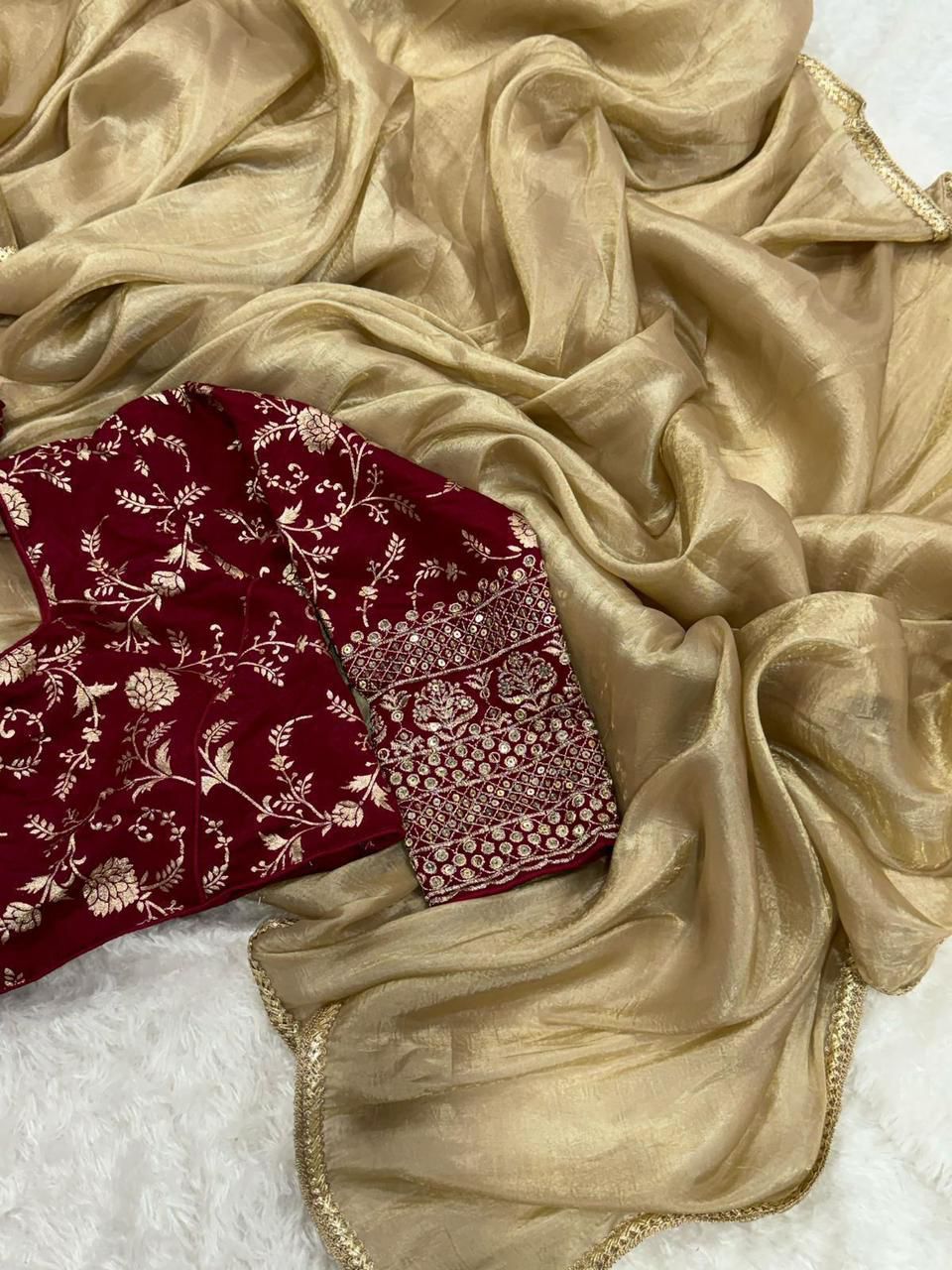 Gold Crush Tissue Saree with Raw Silk weaving Embroidery work