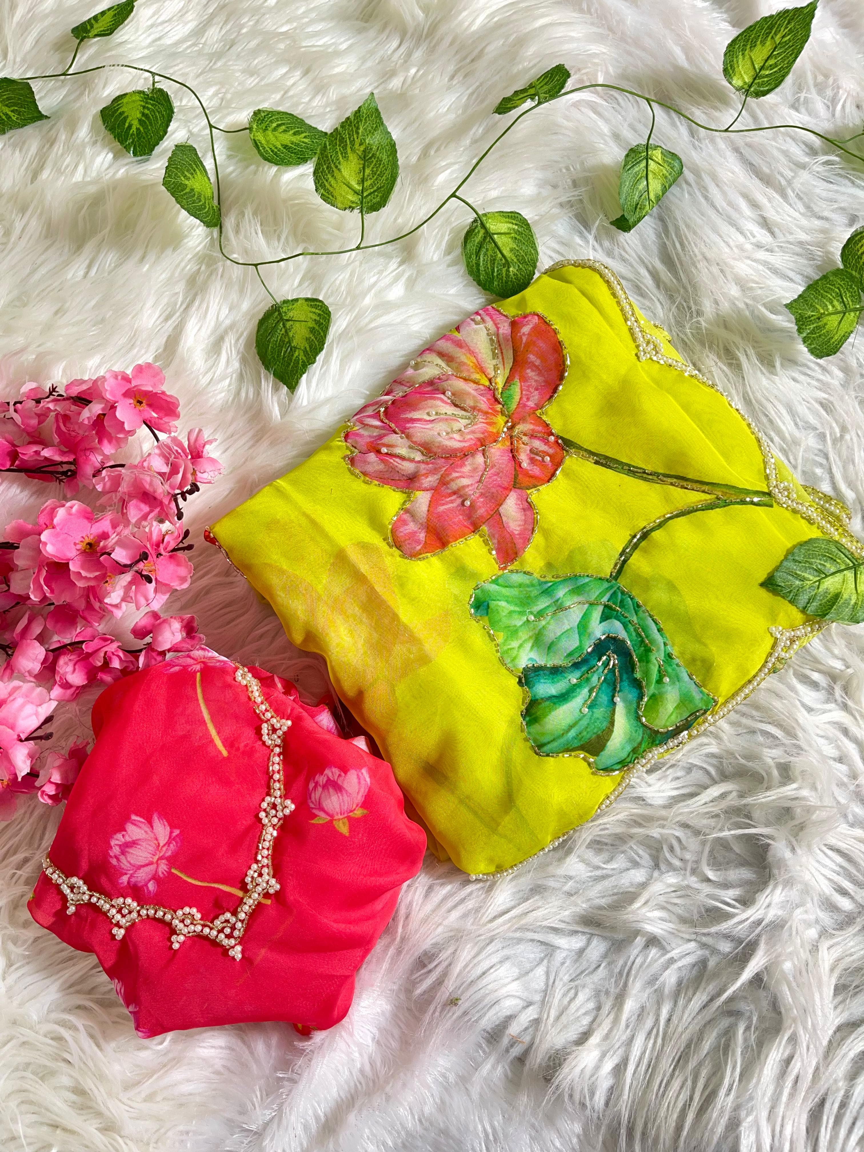 Organza Floral Handprint Sarees