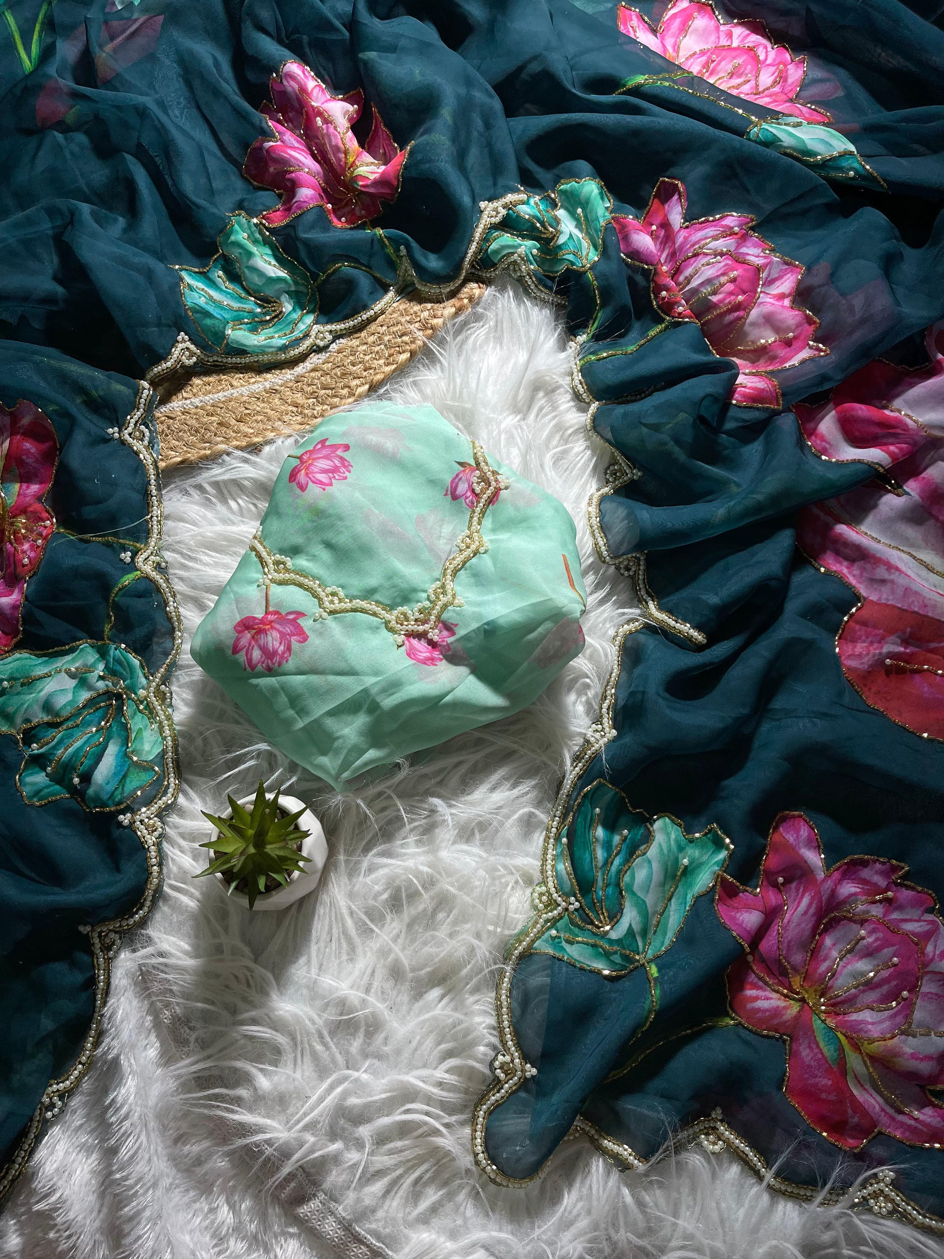 Organza Floral Handprint Sarees