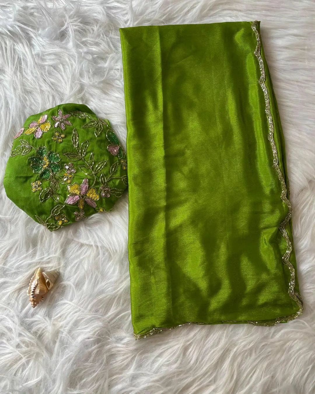Pure Soft Chinon Silk Fabric with Heavy Khatli work Border.