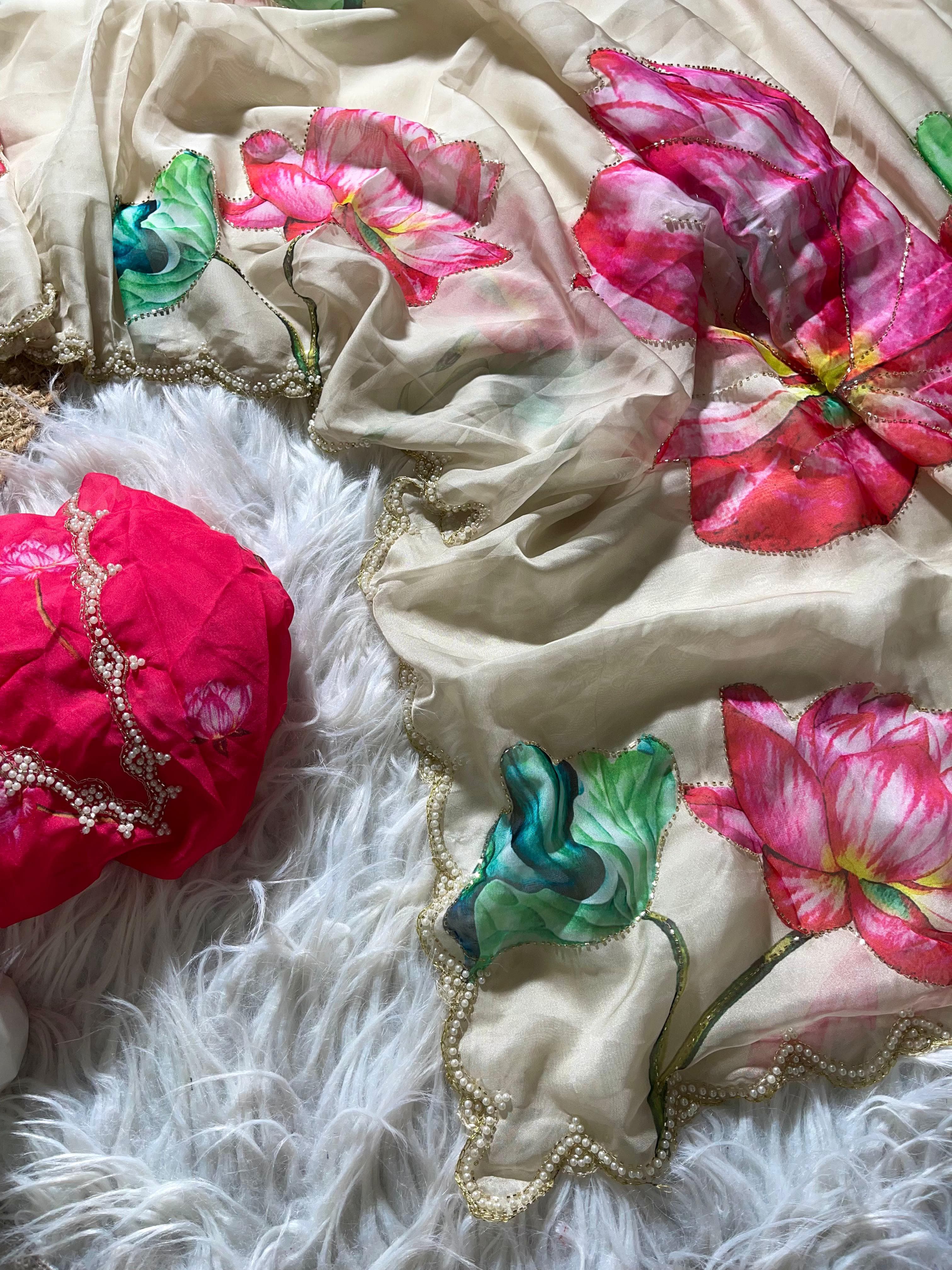 Organza Floral Handprint Sarees
