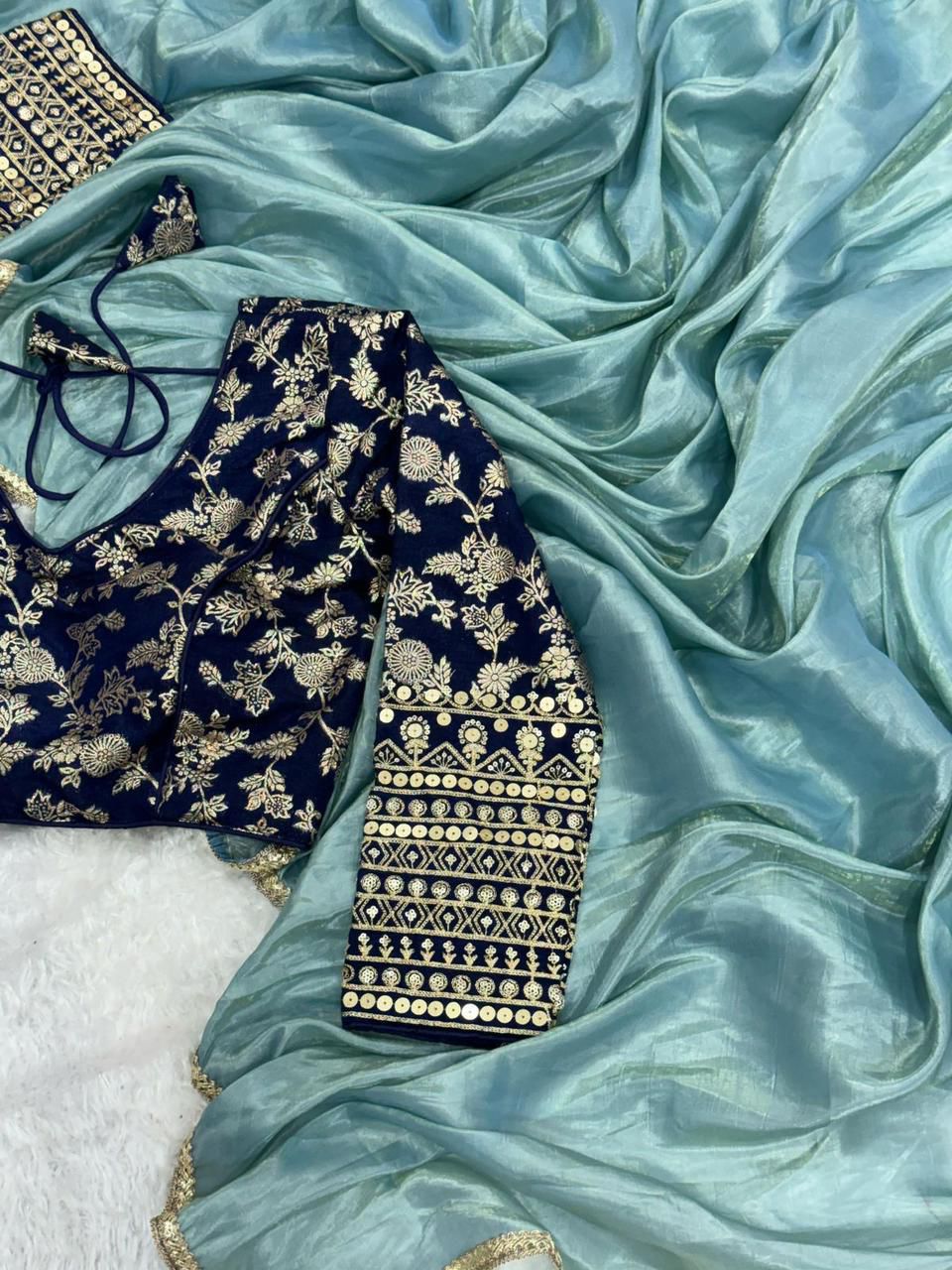 Gold Crush Tissue Saree with Raw Silk weaving Embroidery work