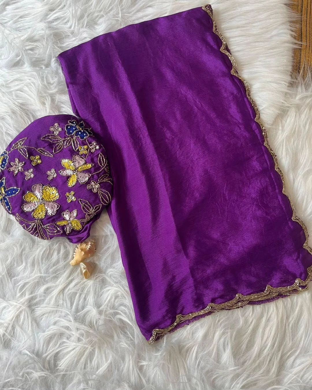 Pure Soft Chinon Silk Fabric with Heavy Khatli work Border.