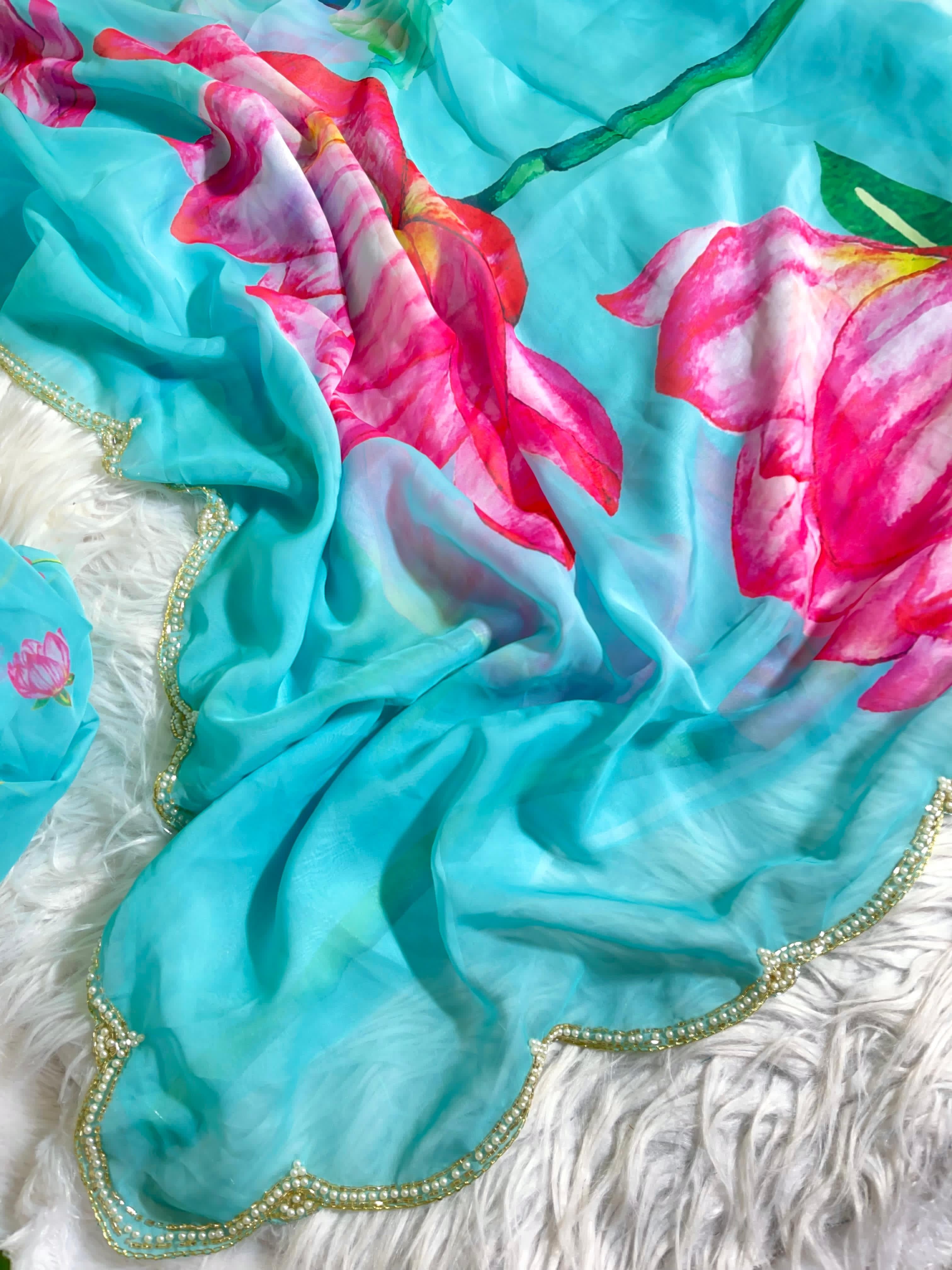 Organza Floral Handprint Sarees