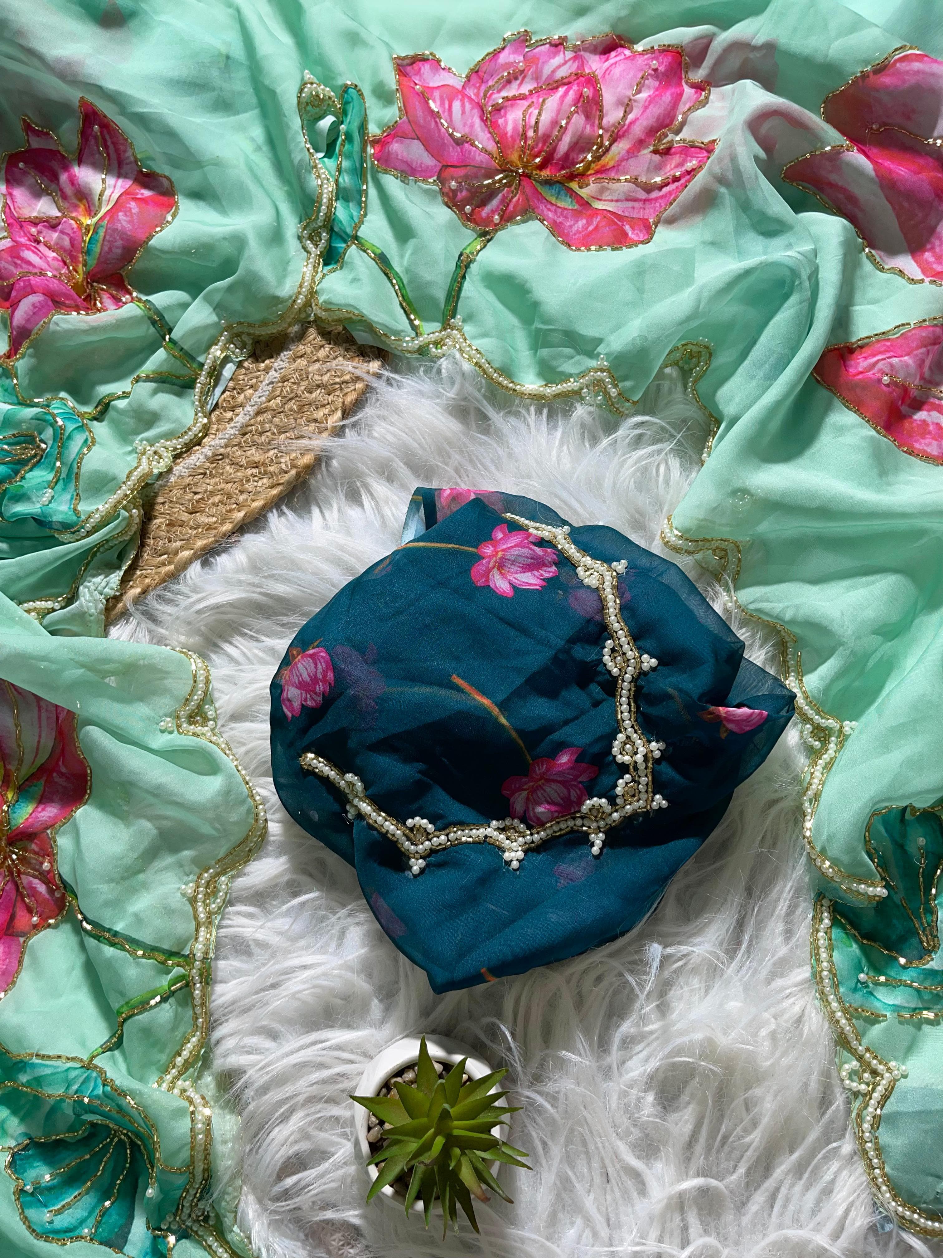 Organza Floral Handprint Sarees