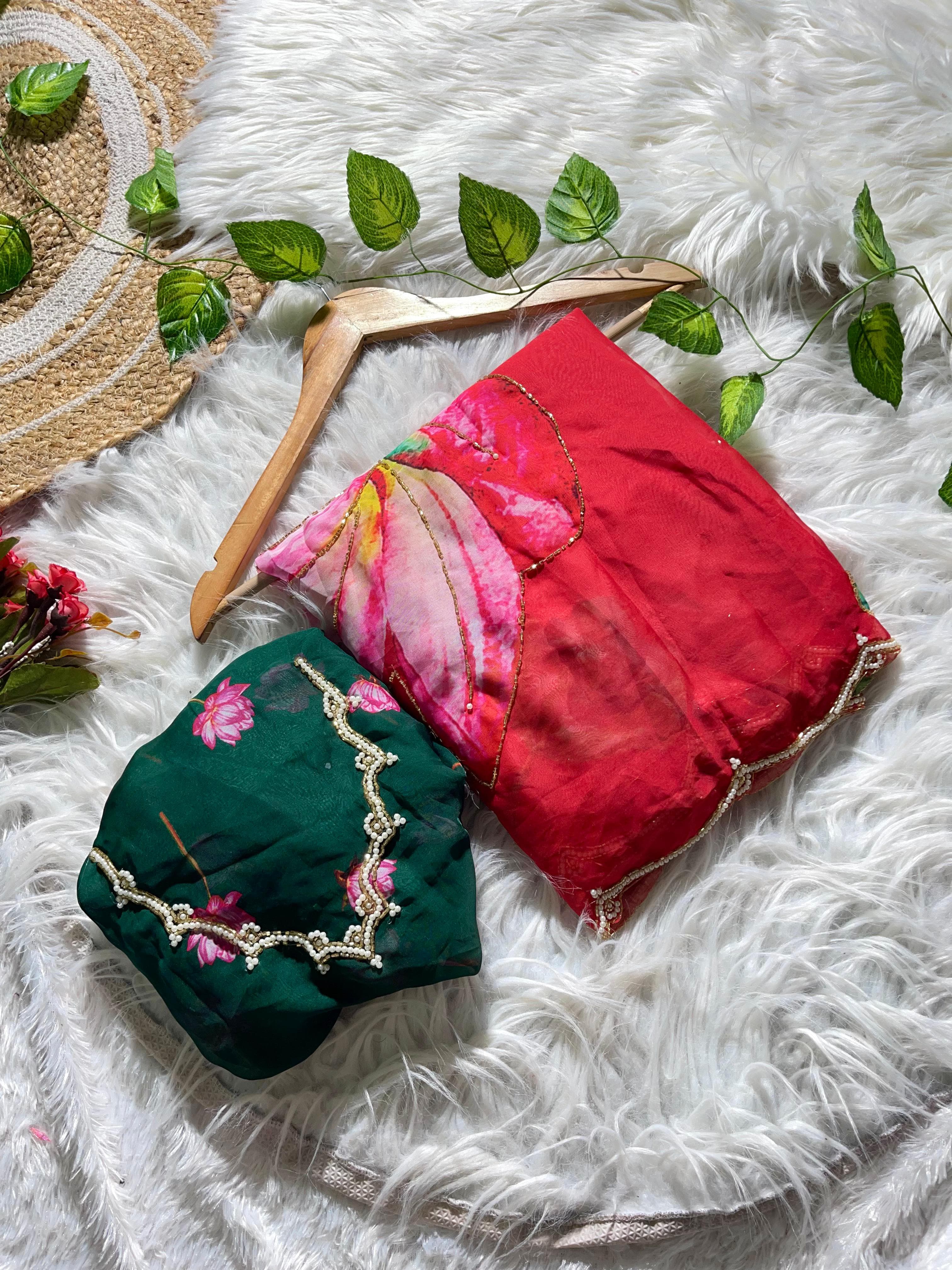 Organza Floral Handprint Sarees