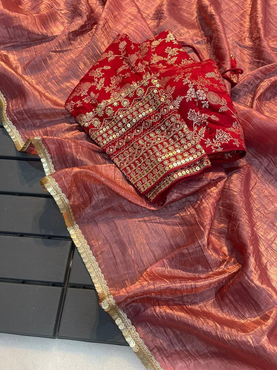 Gold Crush Tissue Saree with Raw Silk weaving Embroidery work