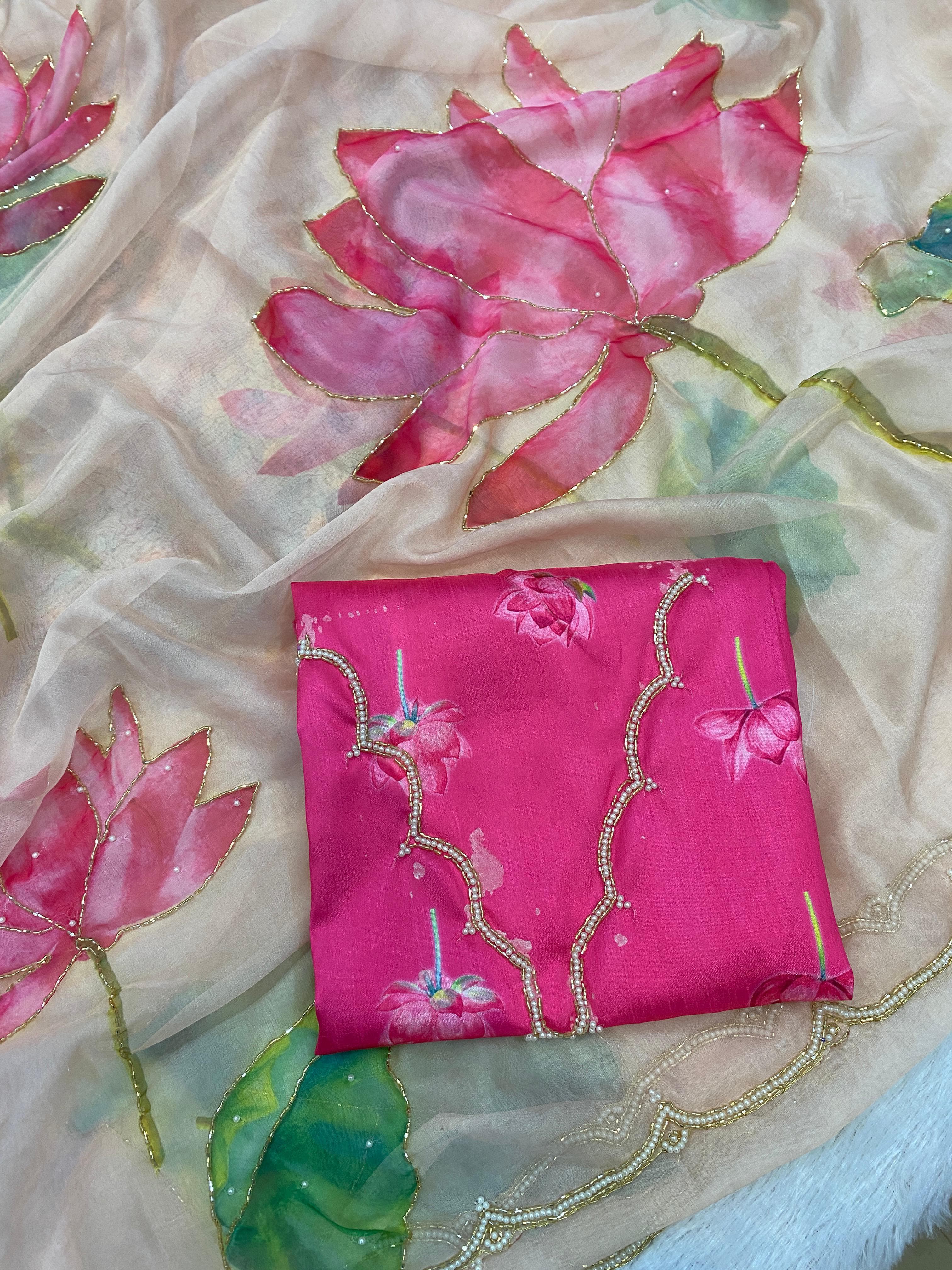 Organza Floral Handprint Sarees