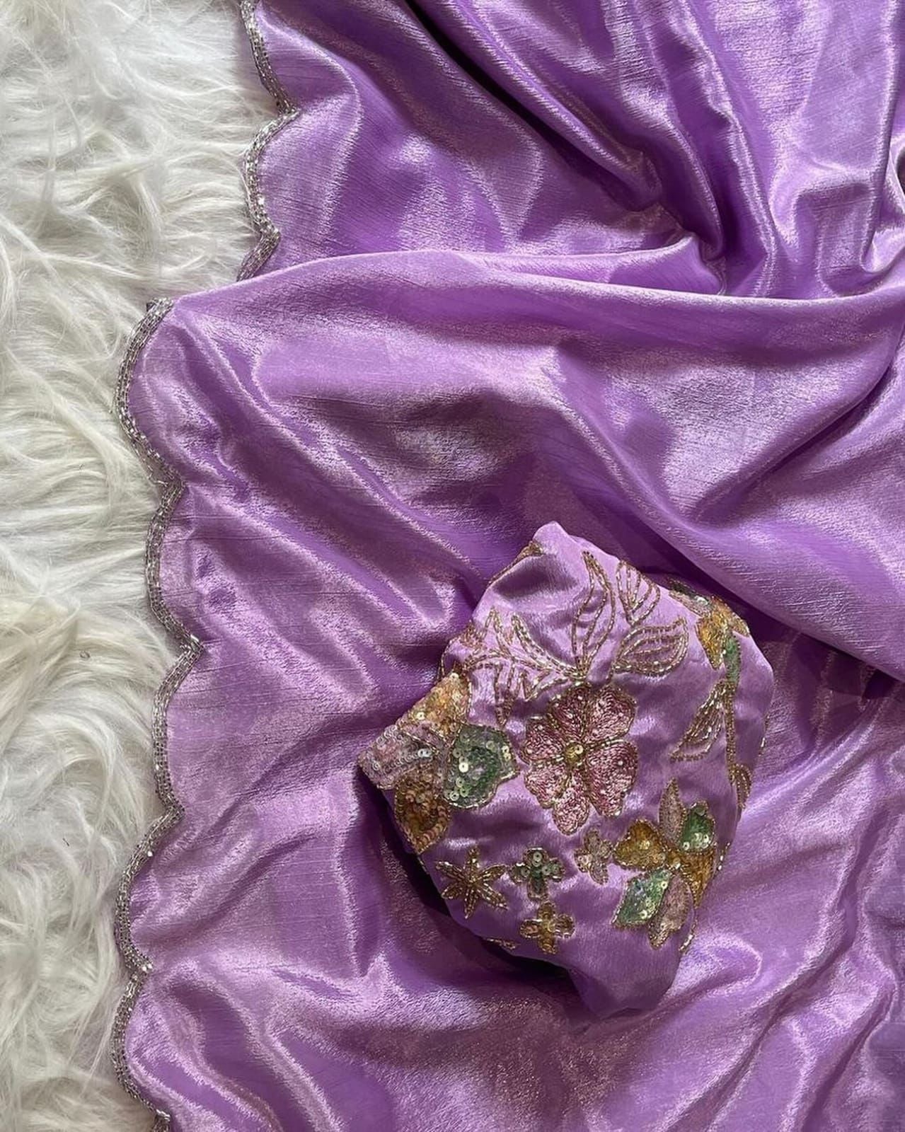 Pure Soft Chinon Silk Fabric with Heavy Khatli work Border.