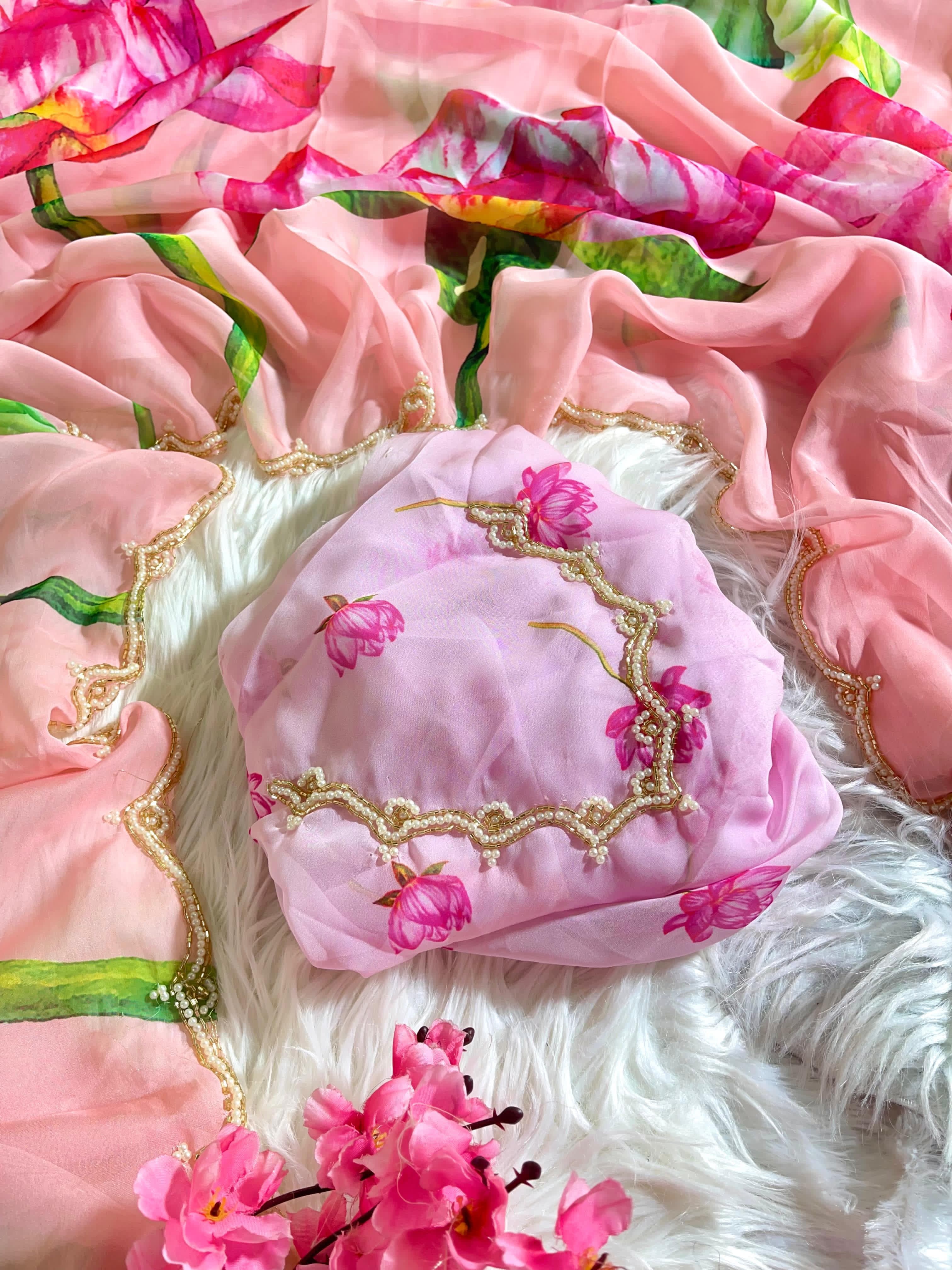 Organza Floral Handprint Sarees