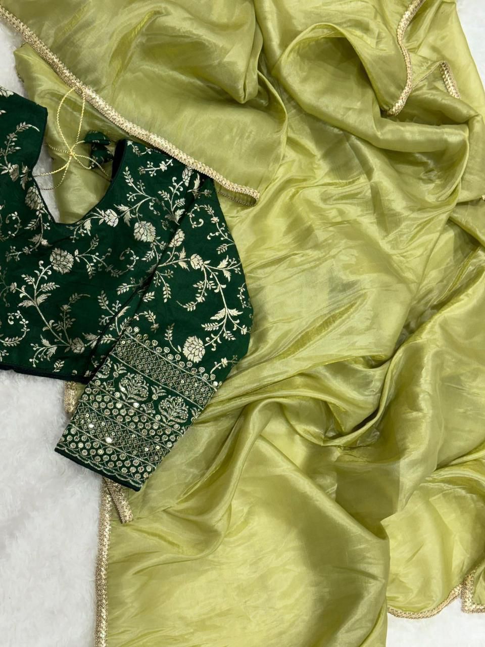 Gold Crush Tissue Saree with Raw Silk weaving Embroidery work