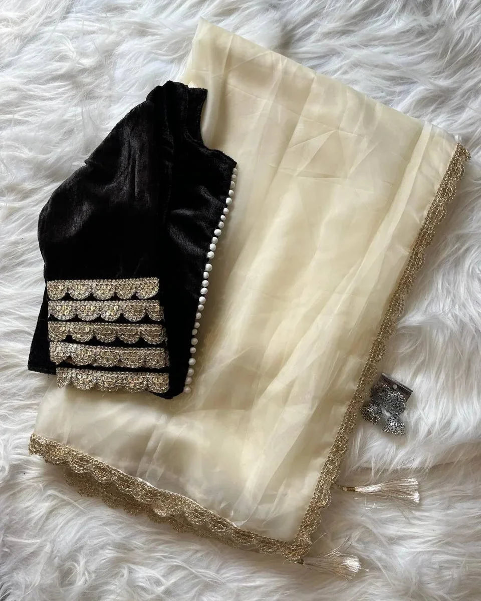 Premium paper silk tissue saree with Velvet Stitched Blouse