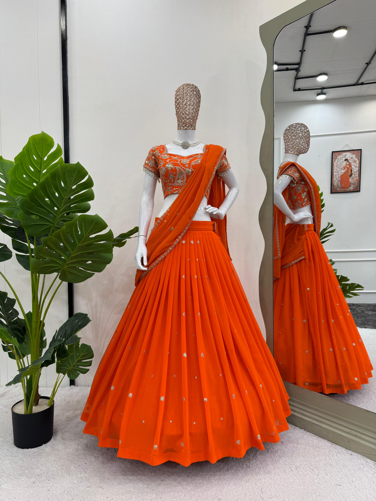 Orange Sequin Thread Lehenga