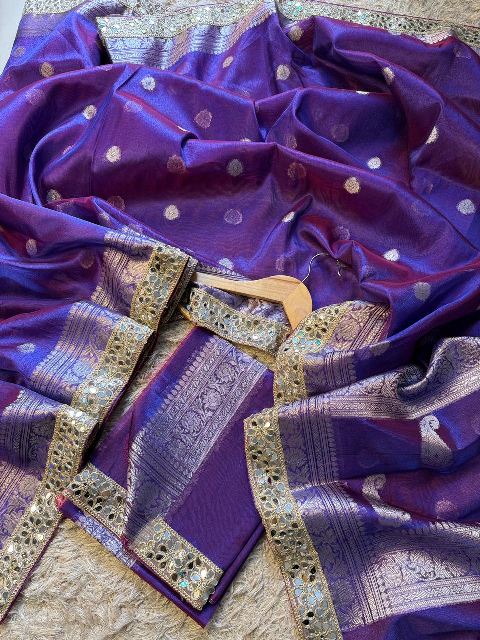 Banarasi Glass Tissue Silver Booti Saree ✨