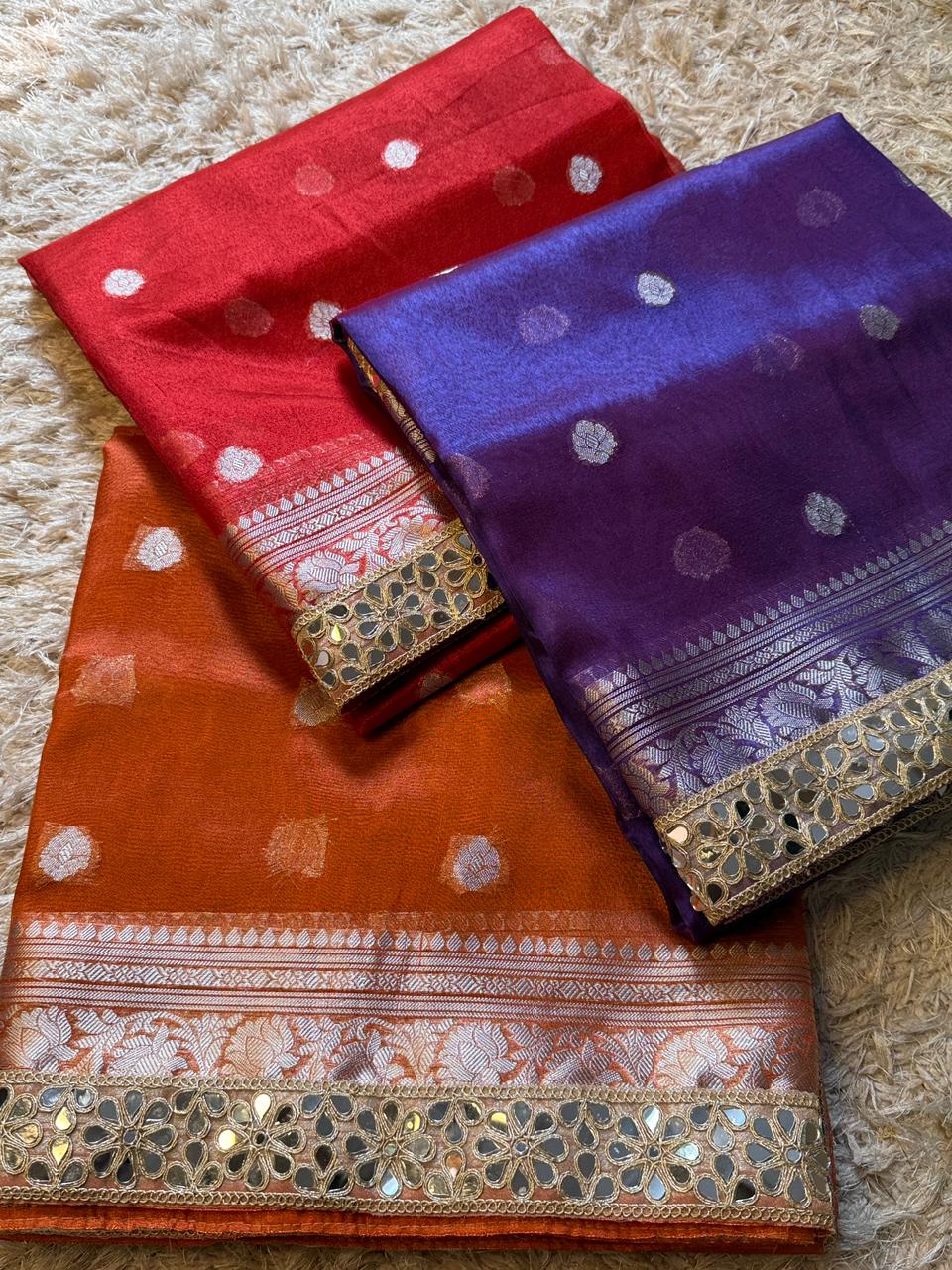 Banarasi Glass Tissue Silver Booti Saree ✨