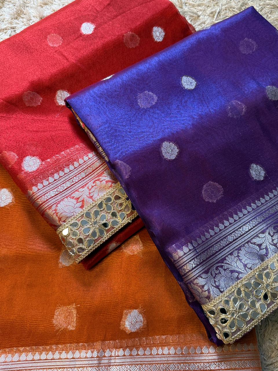 Banarasi Glass Tissue Silver Booti Saree ✨