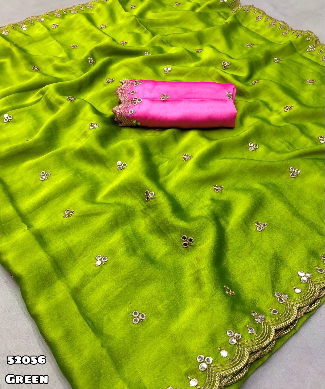 Chiffon with Embroidery & Mirror Work comes with Scalloped Border