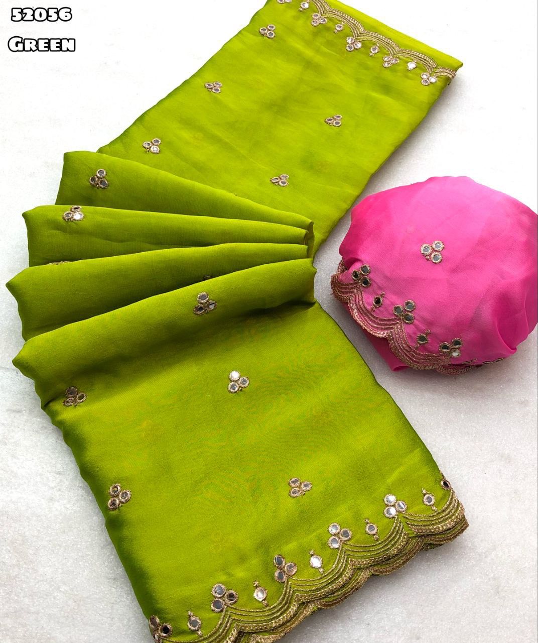 Chiffon with Embroidery & Mirror Work comes with Scalloped Border