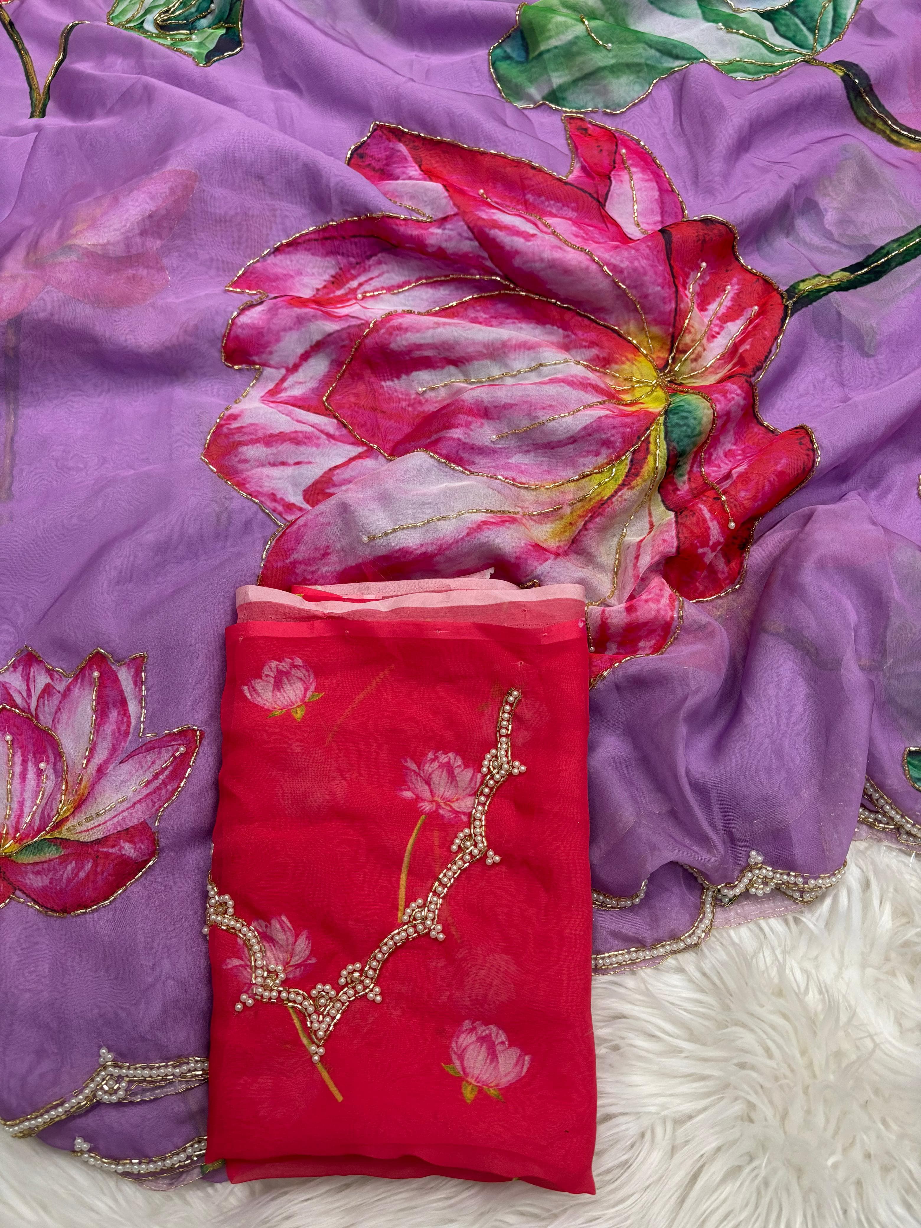 Organza Floral Handprint Sarees