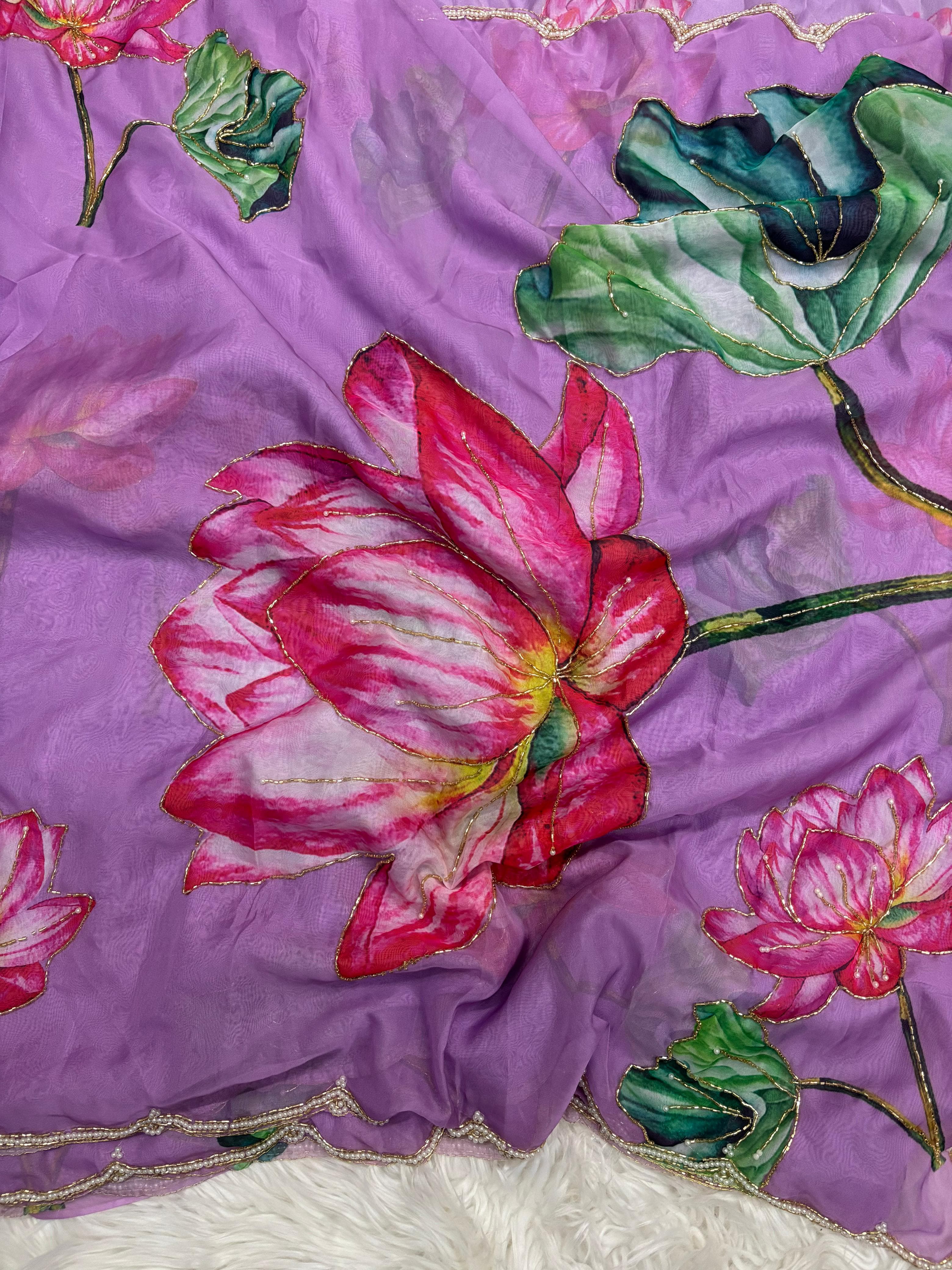 Organza Floral Handprint Sarees