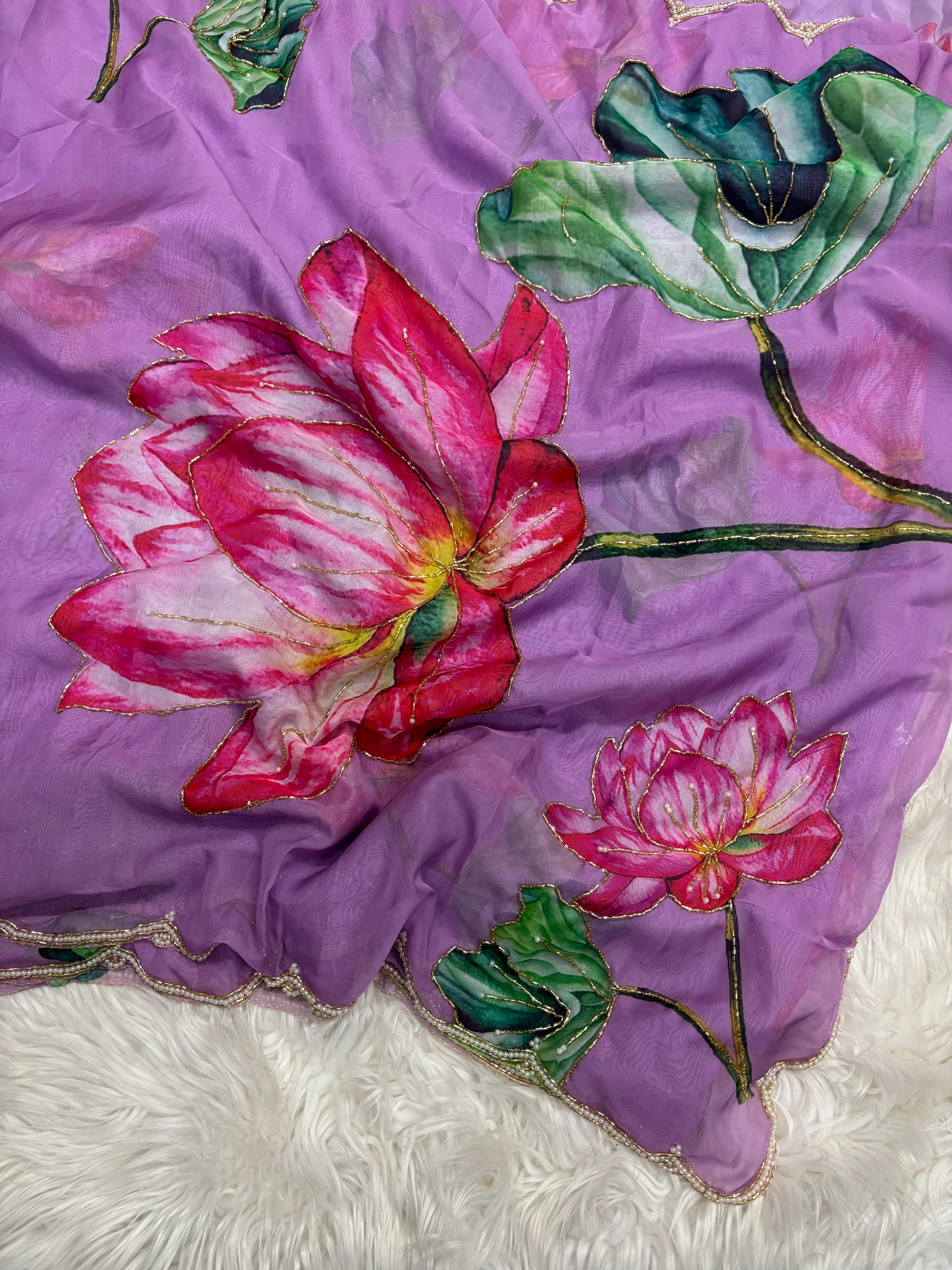 Organza Floral Handprint Sarees
