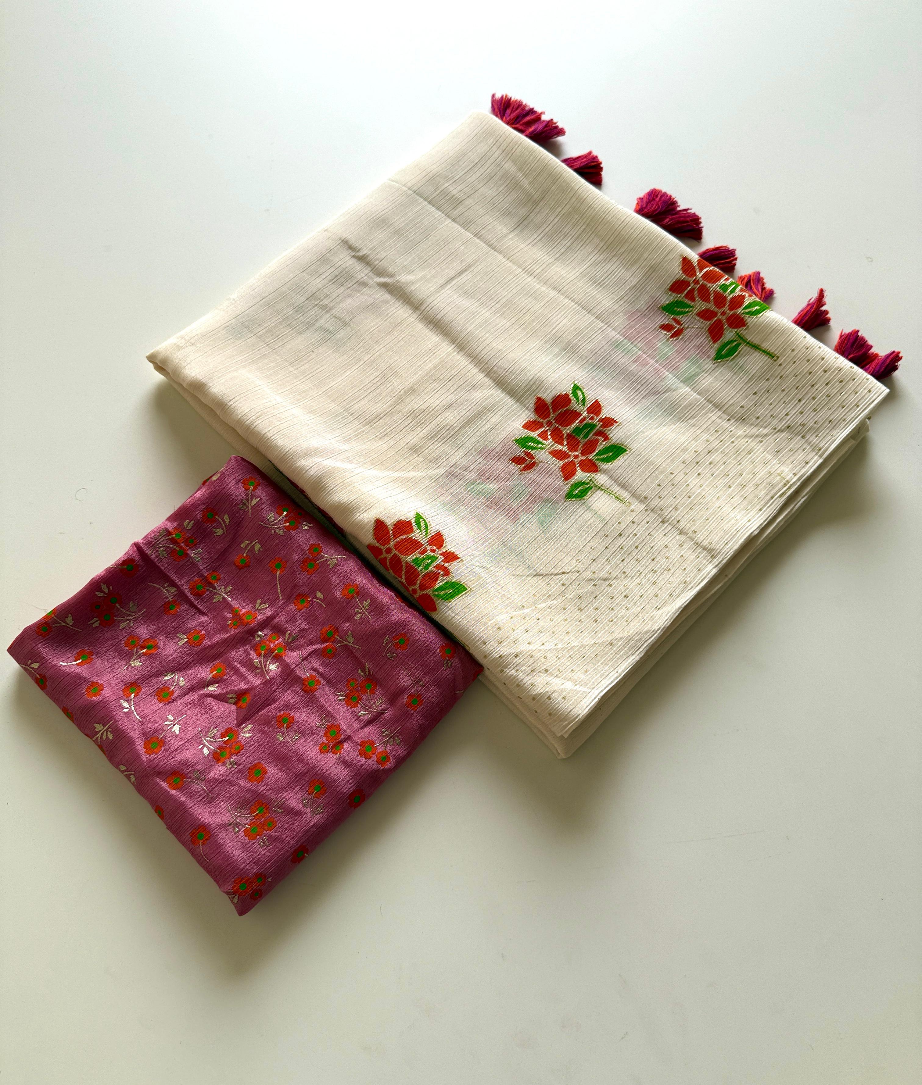 Chinon Fabric With Beautiful  Floral Table Foil Print And Contrast Matching Blouse