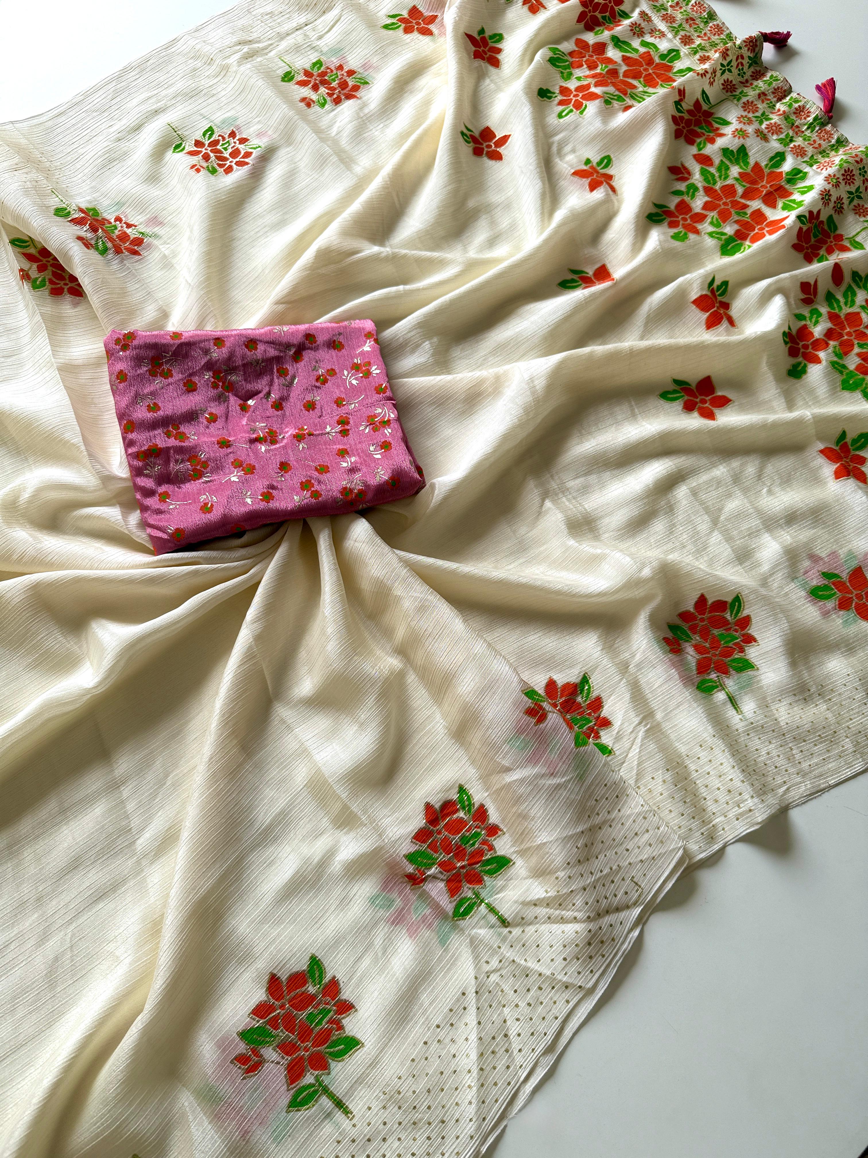 Chinon Fabric With Beautiful  Floral Table Foil Print And Contrast Matching Blouse