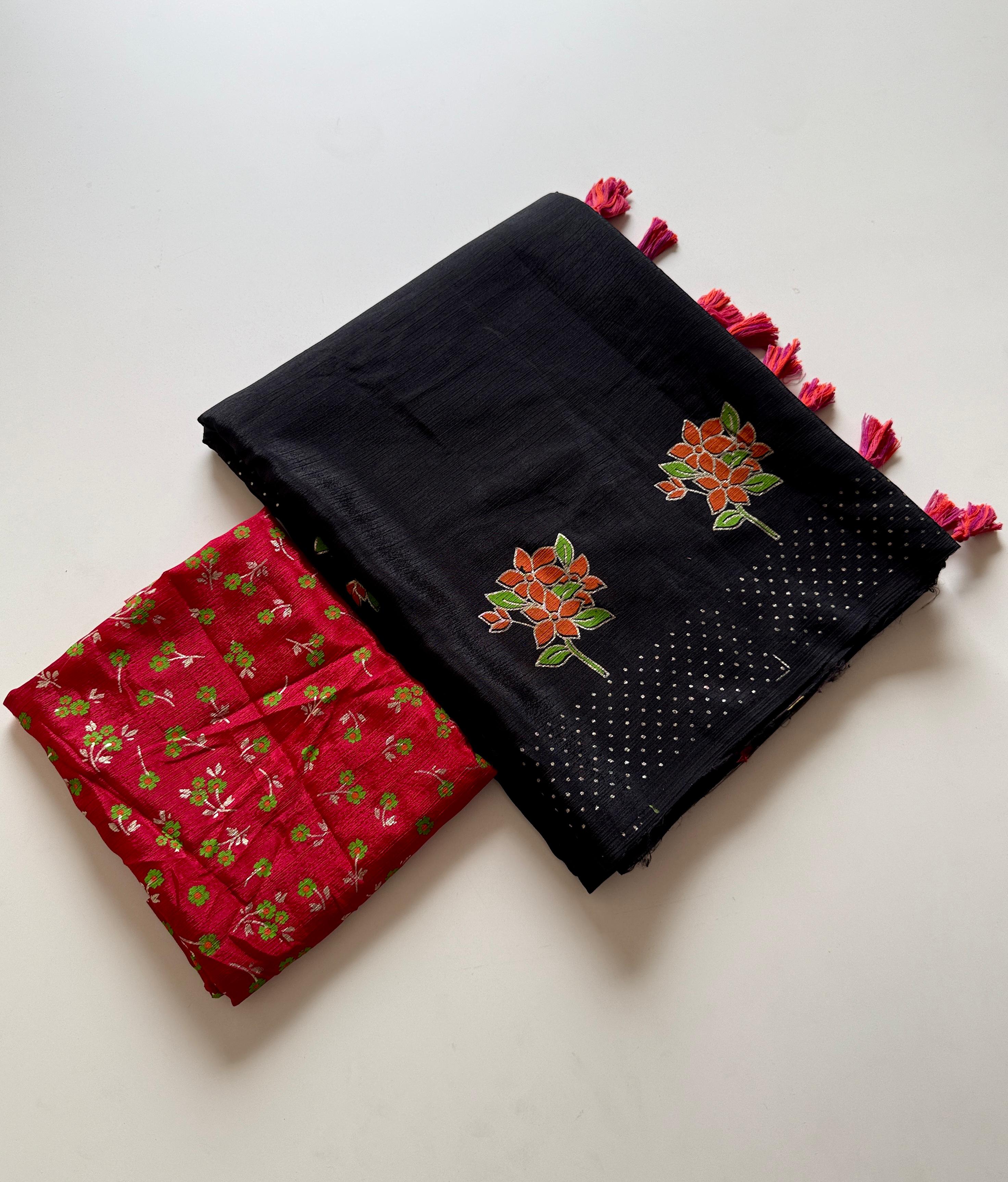 Chinon Fabric With Beautiful  Floral Table Foil Print And Contrast Matching Blouse