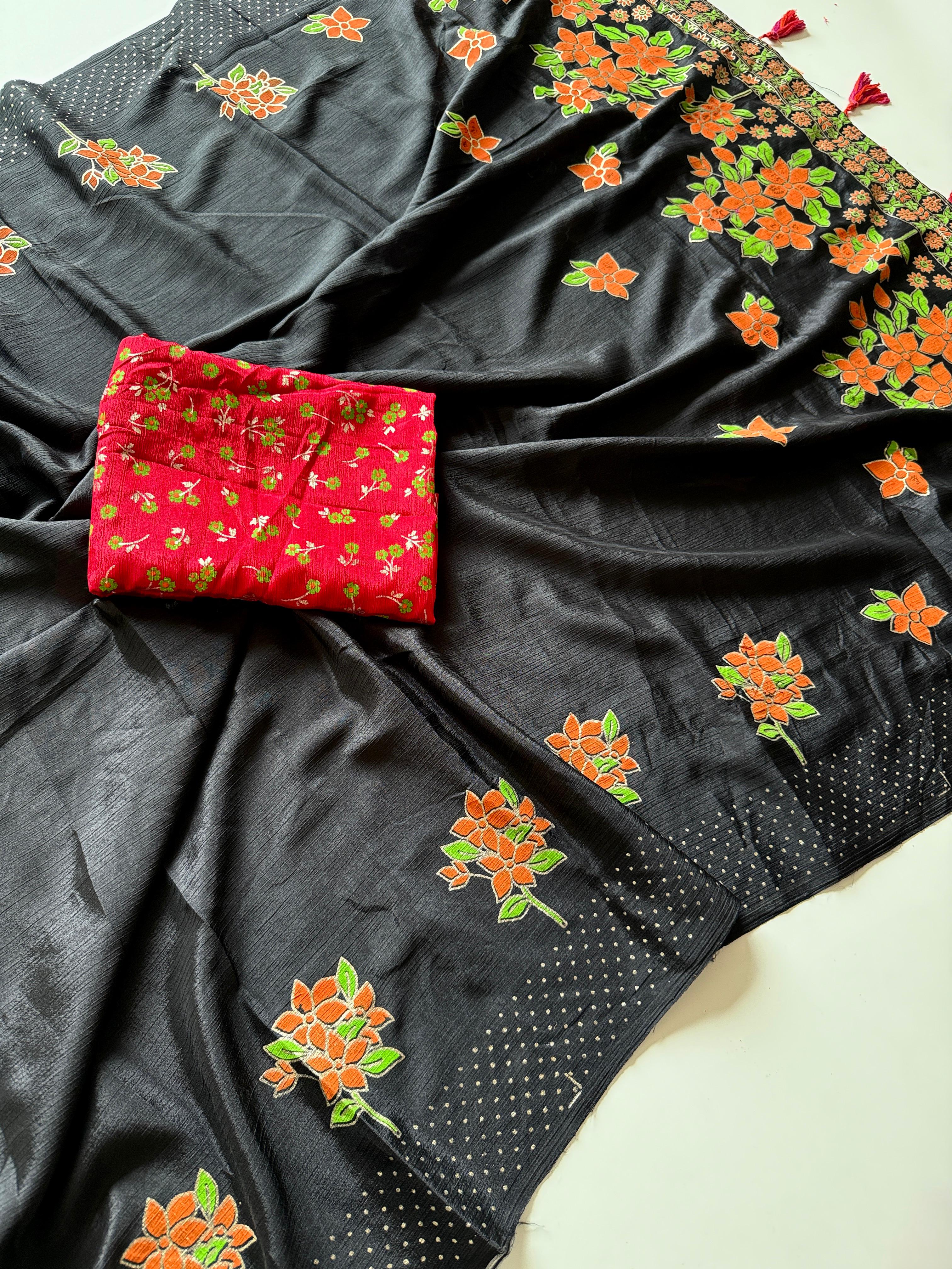 Chinon Fabric With Beautiful  Floral Table Foil Print And Contrast Matching Blouse