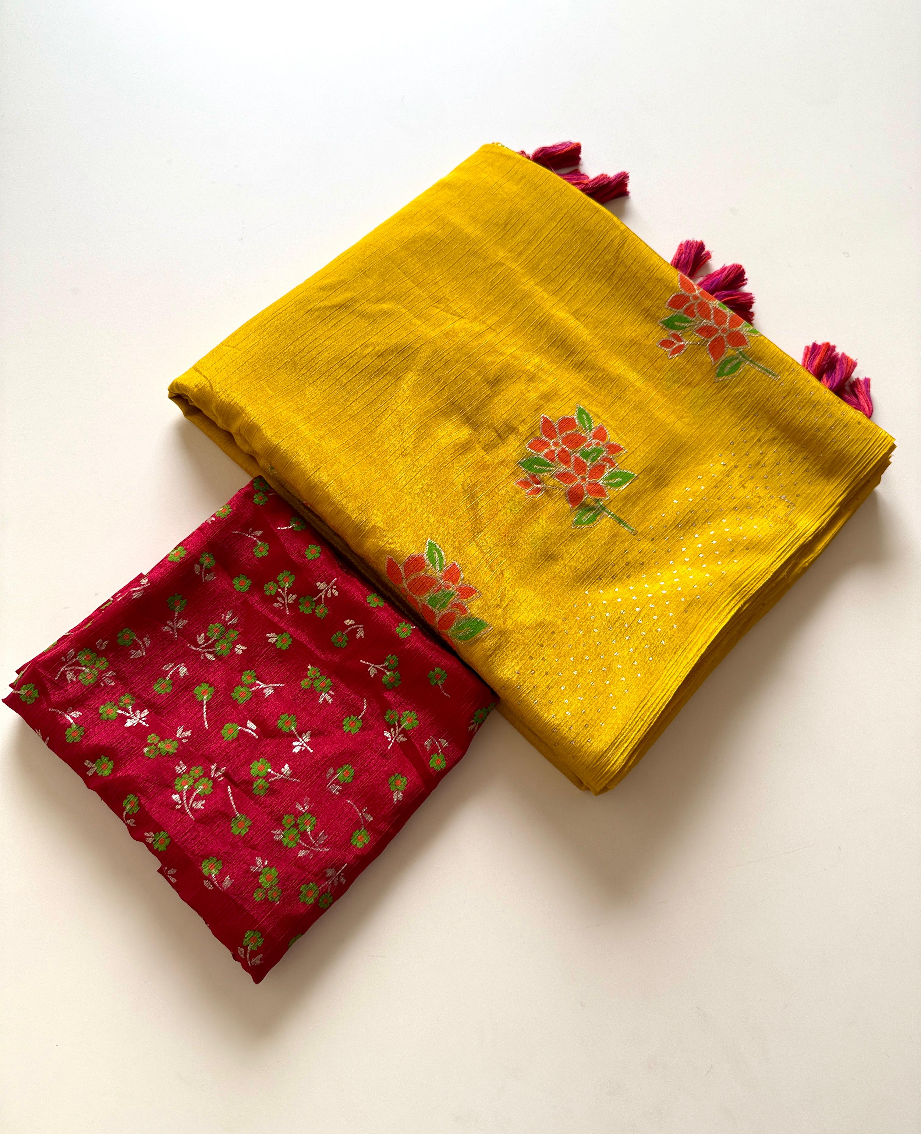 Chinon Fabric With Beautiful  Floral Table Foil Print And Contrast Matching Blouse