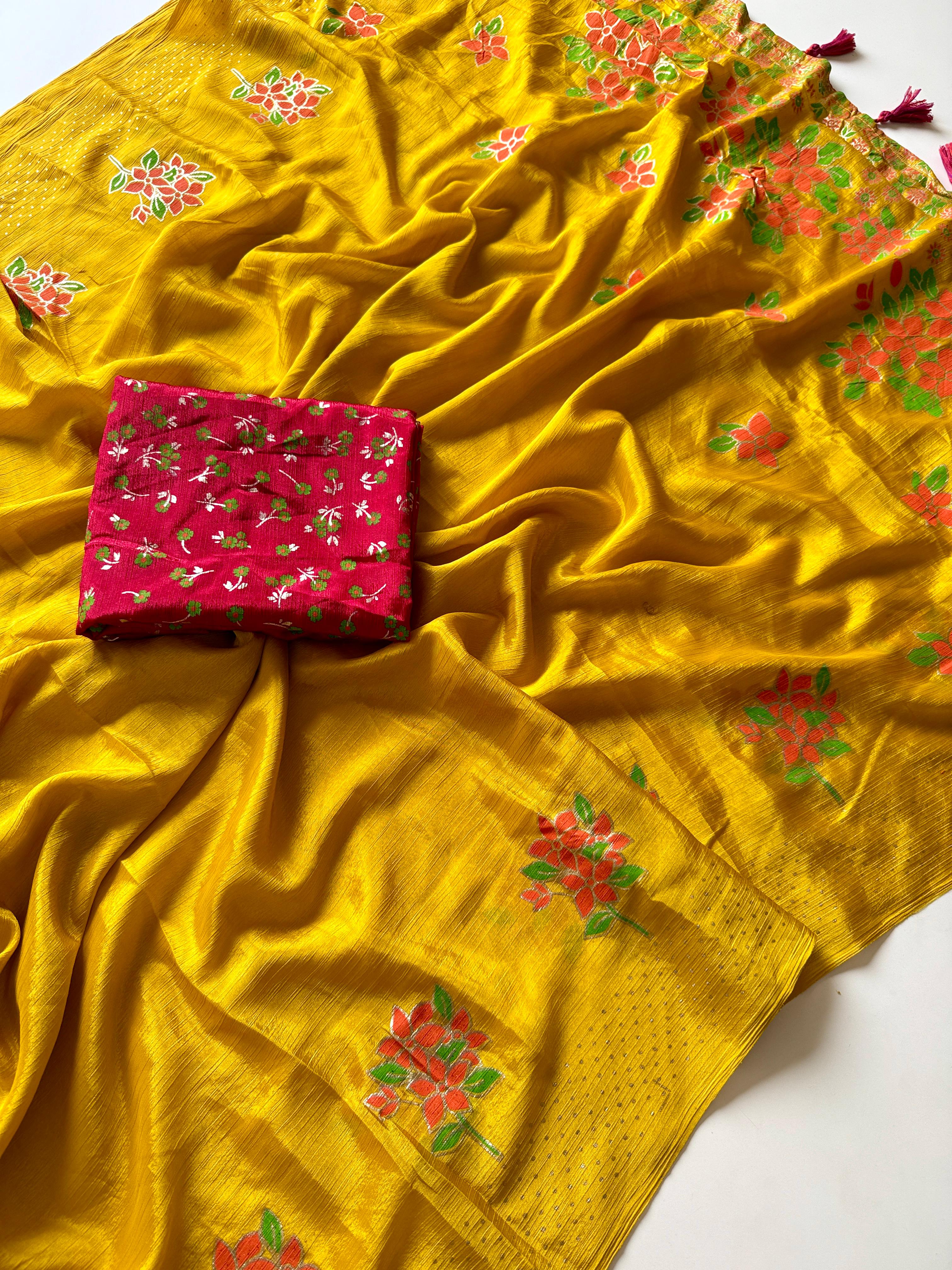 Chinon Fabric With Beautiful  Floral Table Foil Print And Contrast Matching Blouse