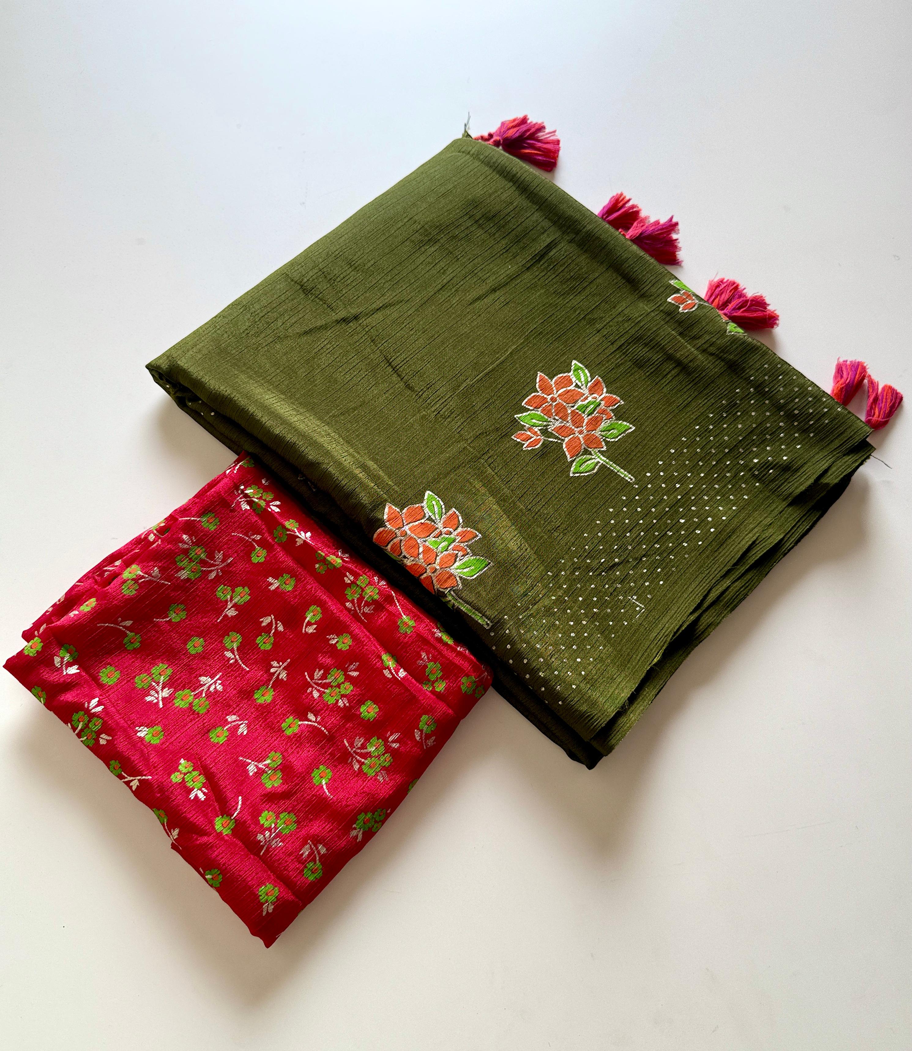 Chinon Fabric With Beautiful  Floral Table Foil Print And Contrast Matching Blouse