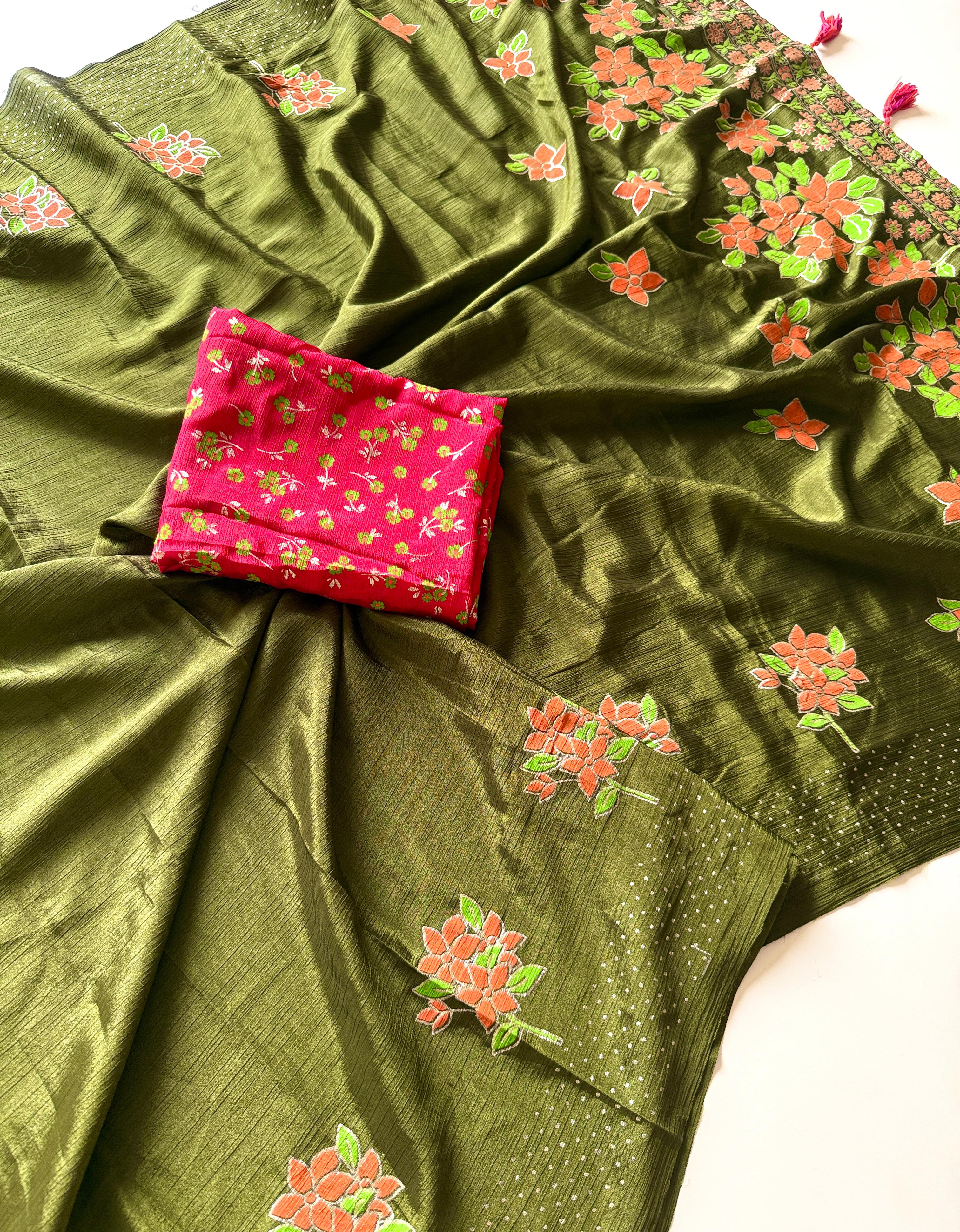 Chinon Fabric With Beautiful  Floral Table Foil Print And Contrast Matching Blouse