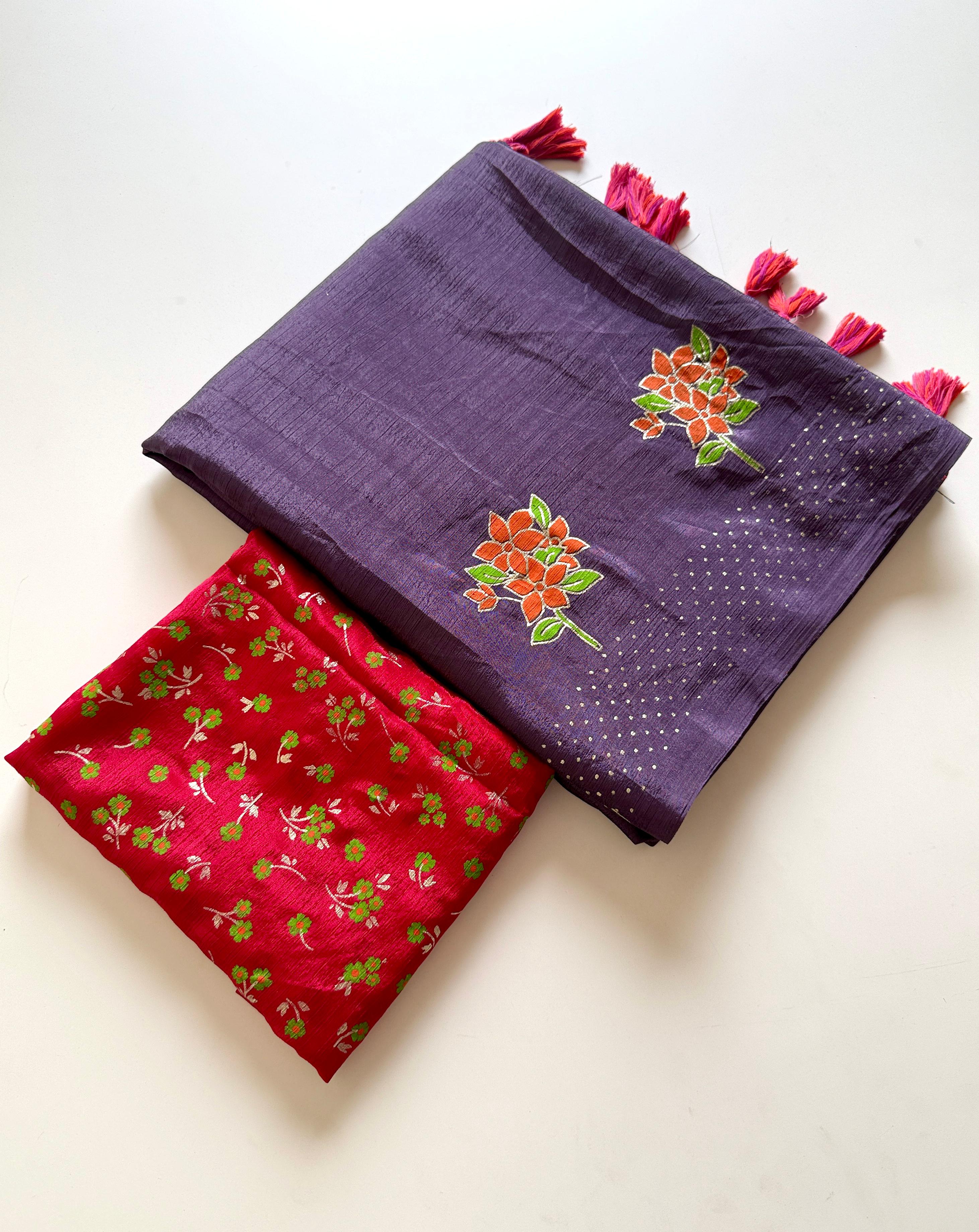 Chinon Fabric With Beautiful  Floral Table Foil Print And Contrast Matching Blouse