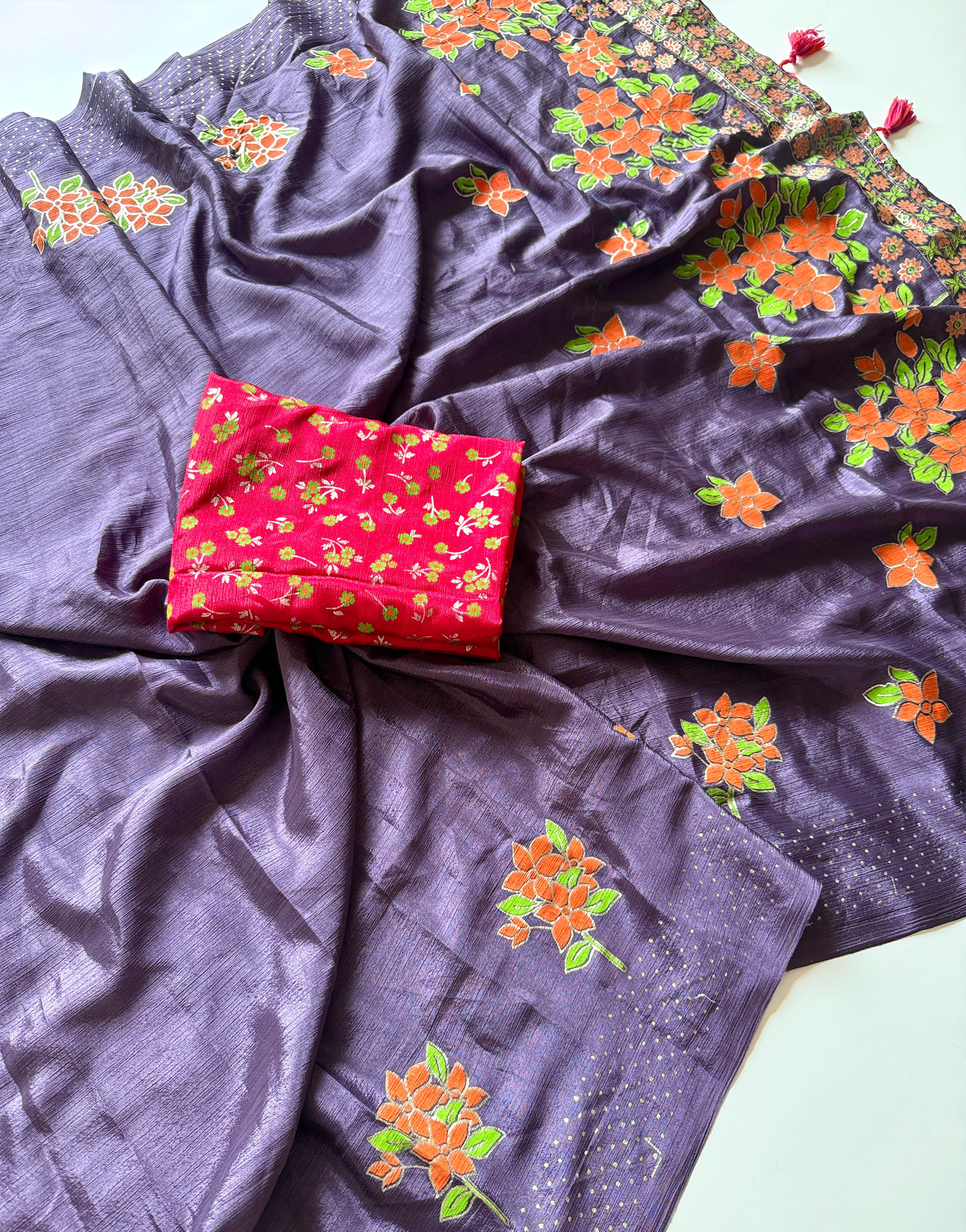 Chinon Fabric With Beautiful  Floral Table Foil Print And Contrast Matching Blouse