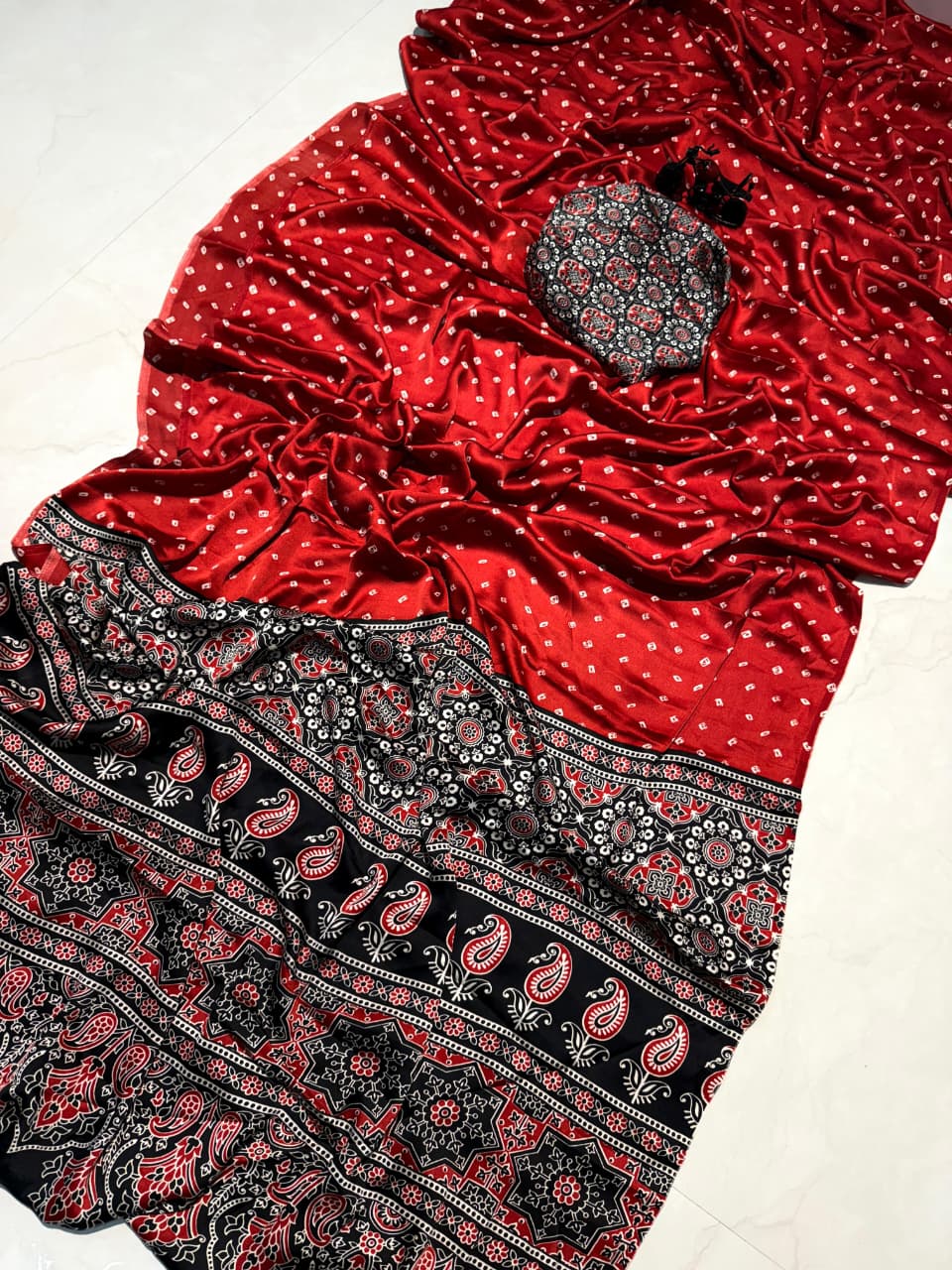 Ajrakh satin silk saree