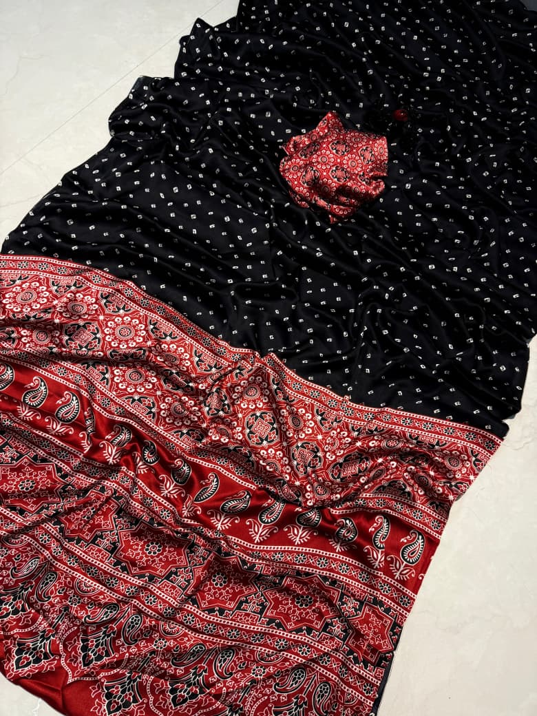 Ajrakh satin silk saree