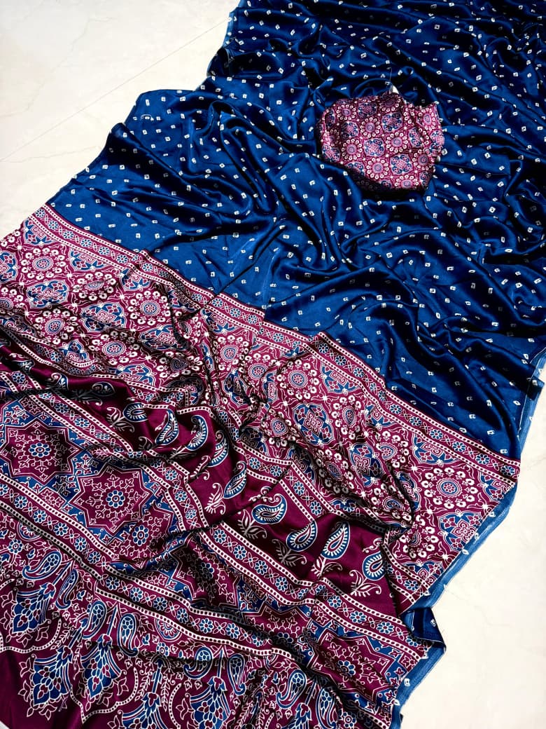 Ajrakh satin silk saree