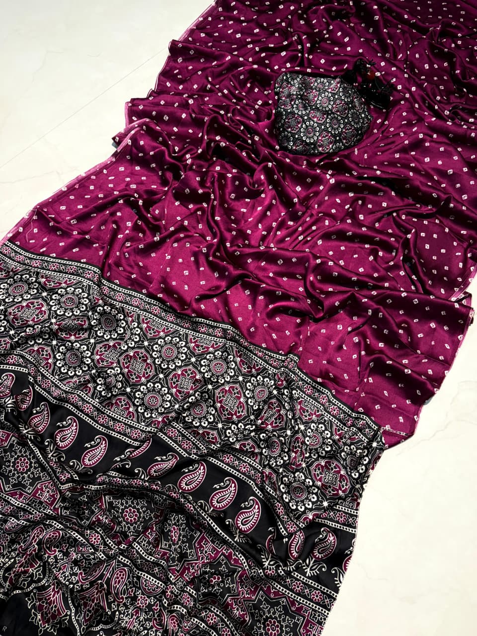 Ajrakh satin silk saree