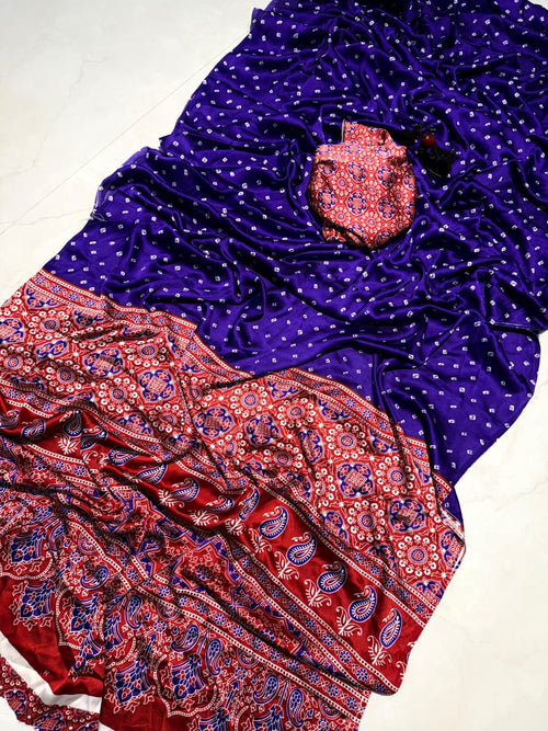 Ajrakh satin silk saree