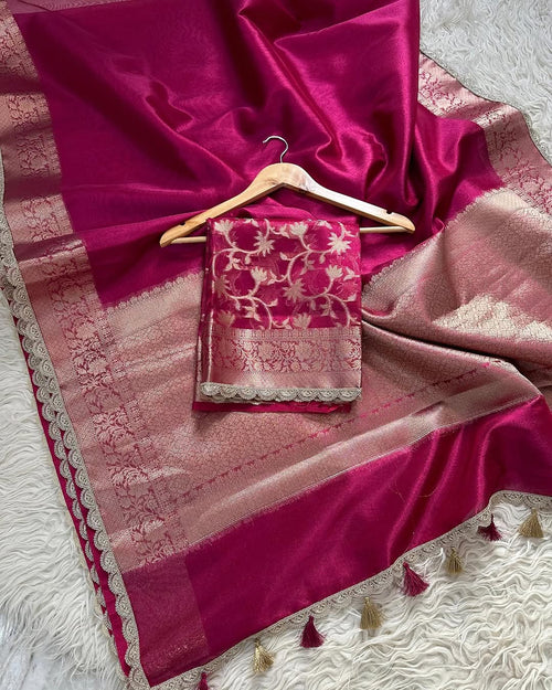 Banarasi Tissue Silk Saree with  lace Work Border  Pairedup with Jaal Weaving Blouse